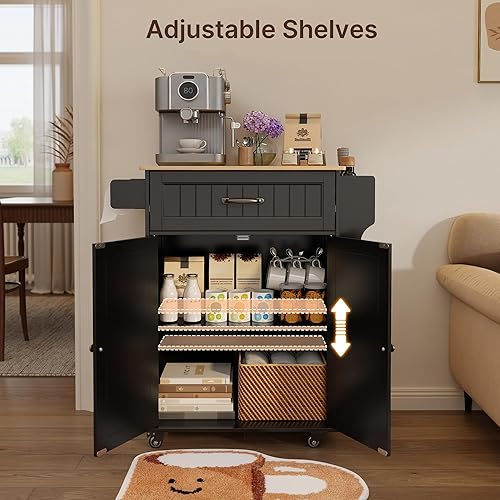 Miniatura 4 de Gizoon Carrito de isla de cocina con estante ajustable, carrito móvil de 35.8 pulgadas de ancho con ruedas de metal con cajón y armario de
