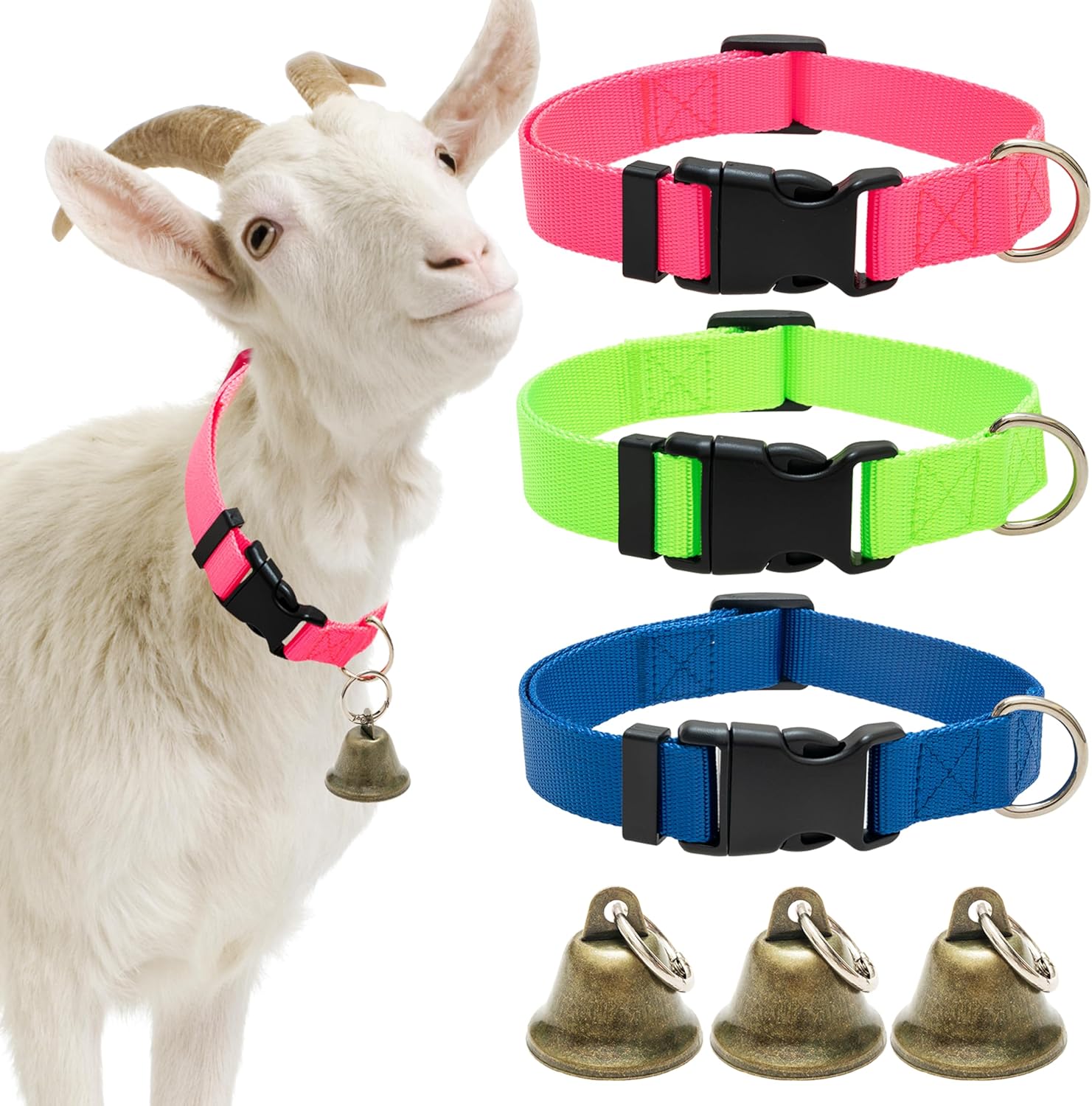 3 Pack Goat Collars with Bells, Adjustable Pet Collar & Anti-Lost Loud Bronze Grazing Copper Bells Accessories for Small Farm Animal Sheep Cow Goat (Neck 13.8"-20.9")