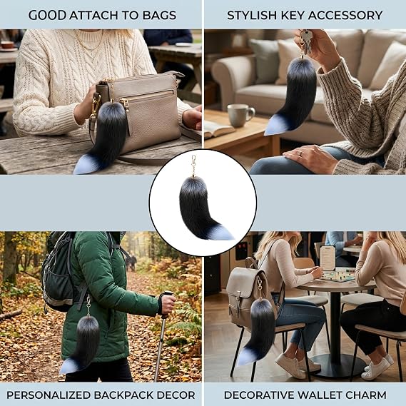 Therian Tail Keychain with Clasp, Furry Tail 40cm Silver Fox Tail for Bag Decoration, Tail Keychain for Cosplay Events