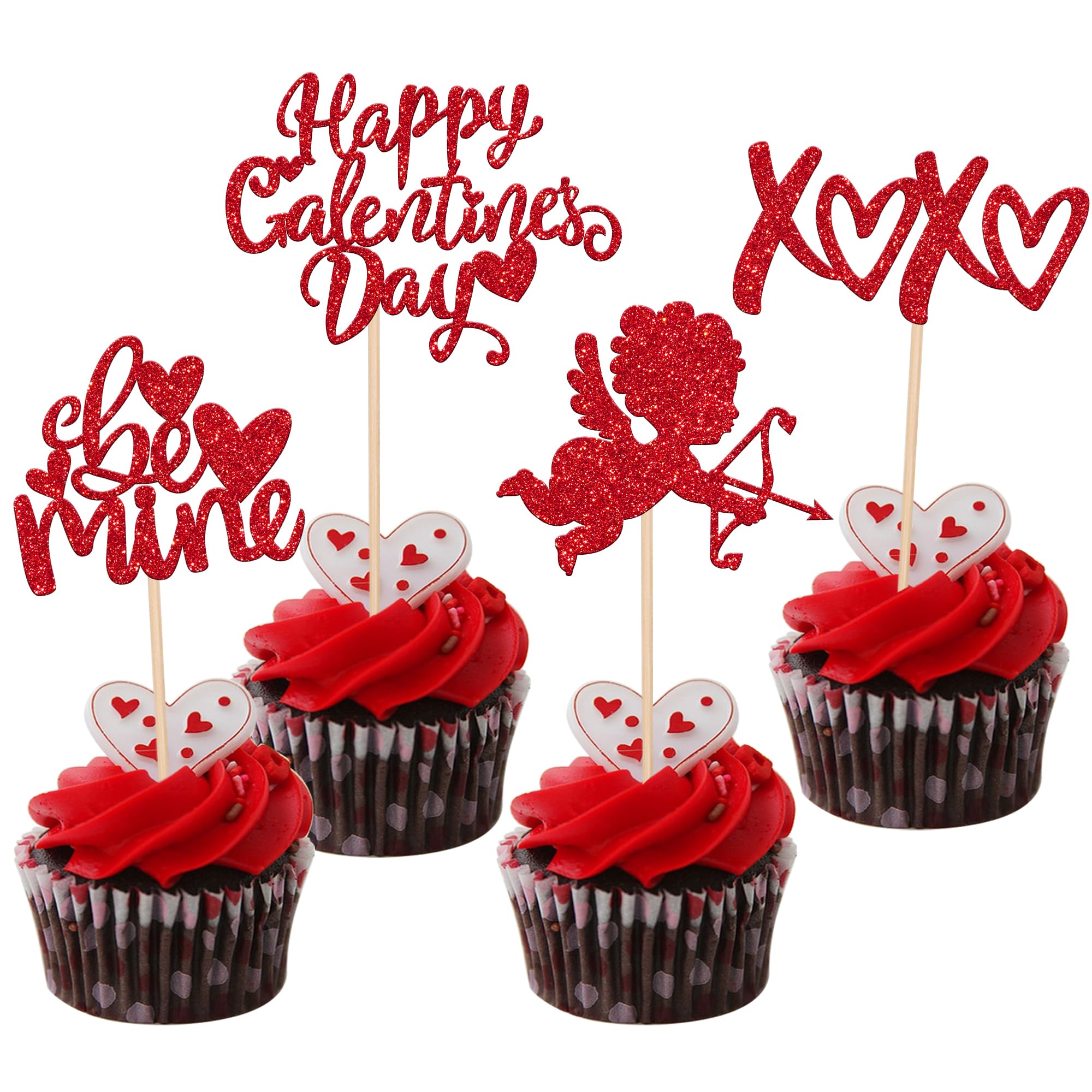 Rsstarxi 24 Pack Happy Galentine's Day Cupcake Toppers Glitter Be Mine Cupid XOXO Valentines Day Cupcake Picks Decoration for Valentine's Day Wedding Bridal Shower Party Cake Decorations Red