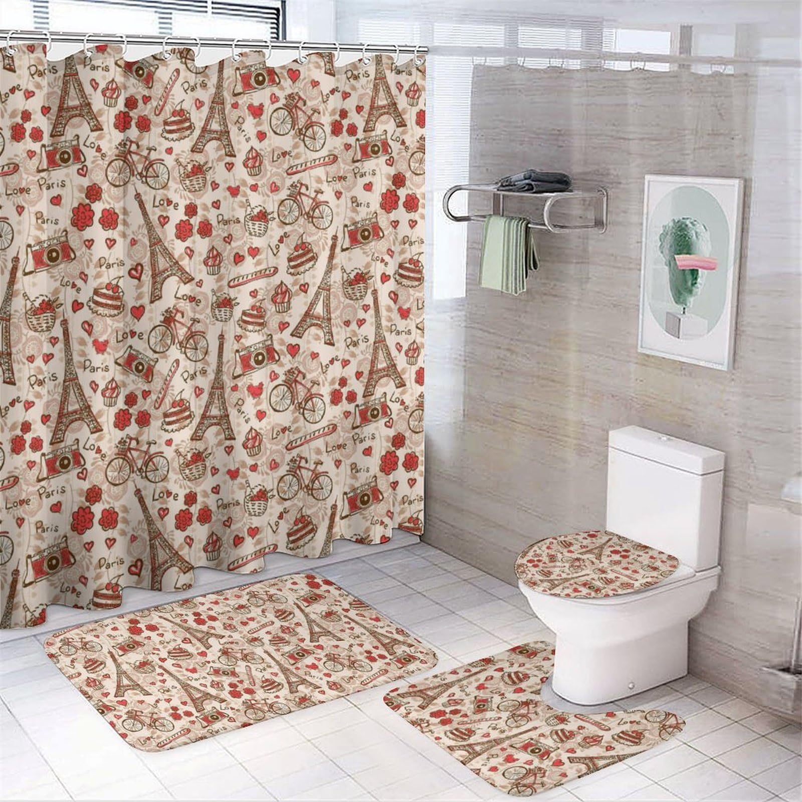 JZemdybill Bathroom Mat Set 4 Piece, Paris Eiffel Tower Shower Curtain with Non-Slip Bath Mats for Bathroom
