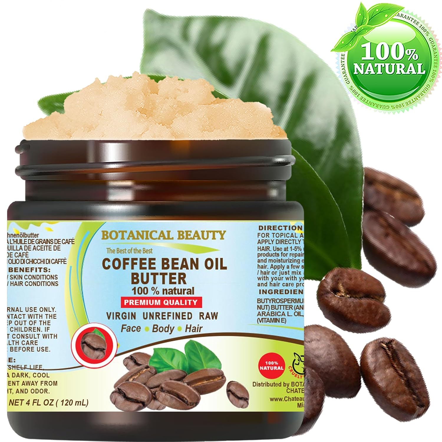 Botanical Beauty COFFEE BEAN OIL BUTTER 100% Natural VIRGIN RAW UNREFINED 4 Fl.oz.- 120 ml. Coffee Bean Essential Oil in Shea Nut Butter for FACE, SKIN, BODY, HAIR, NAILS. - Image 8