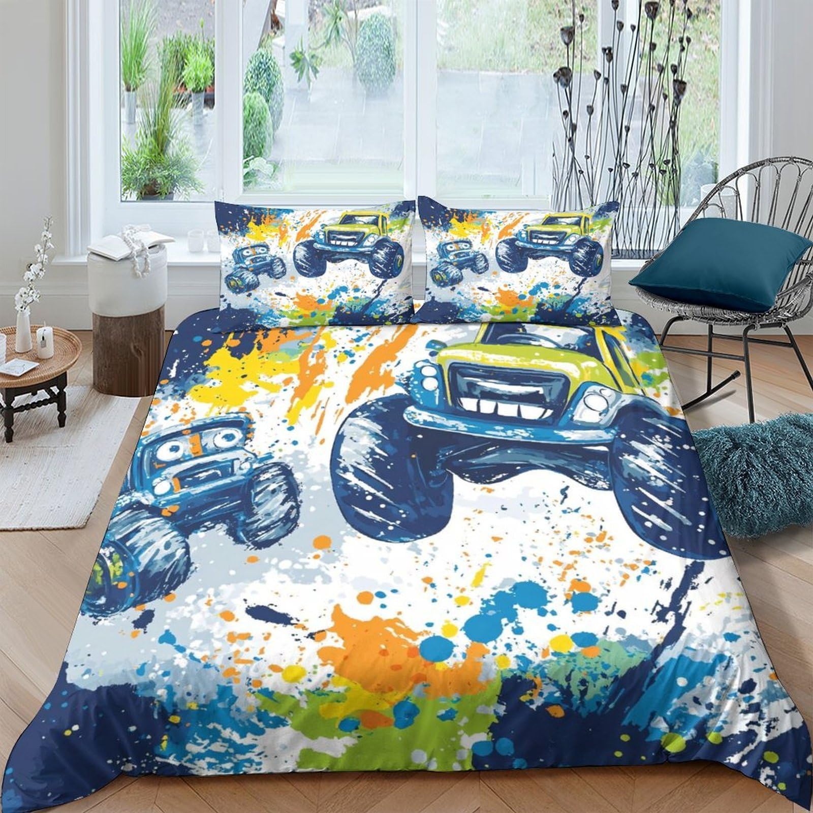 Ctjqhvkz Style-8 3D Printed Graffiti Monster Truck Fitted Sheet Microfiber Blue Orange Bed Cover For Bedroom Decor Mattress Protection Single（135X200cm）