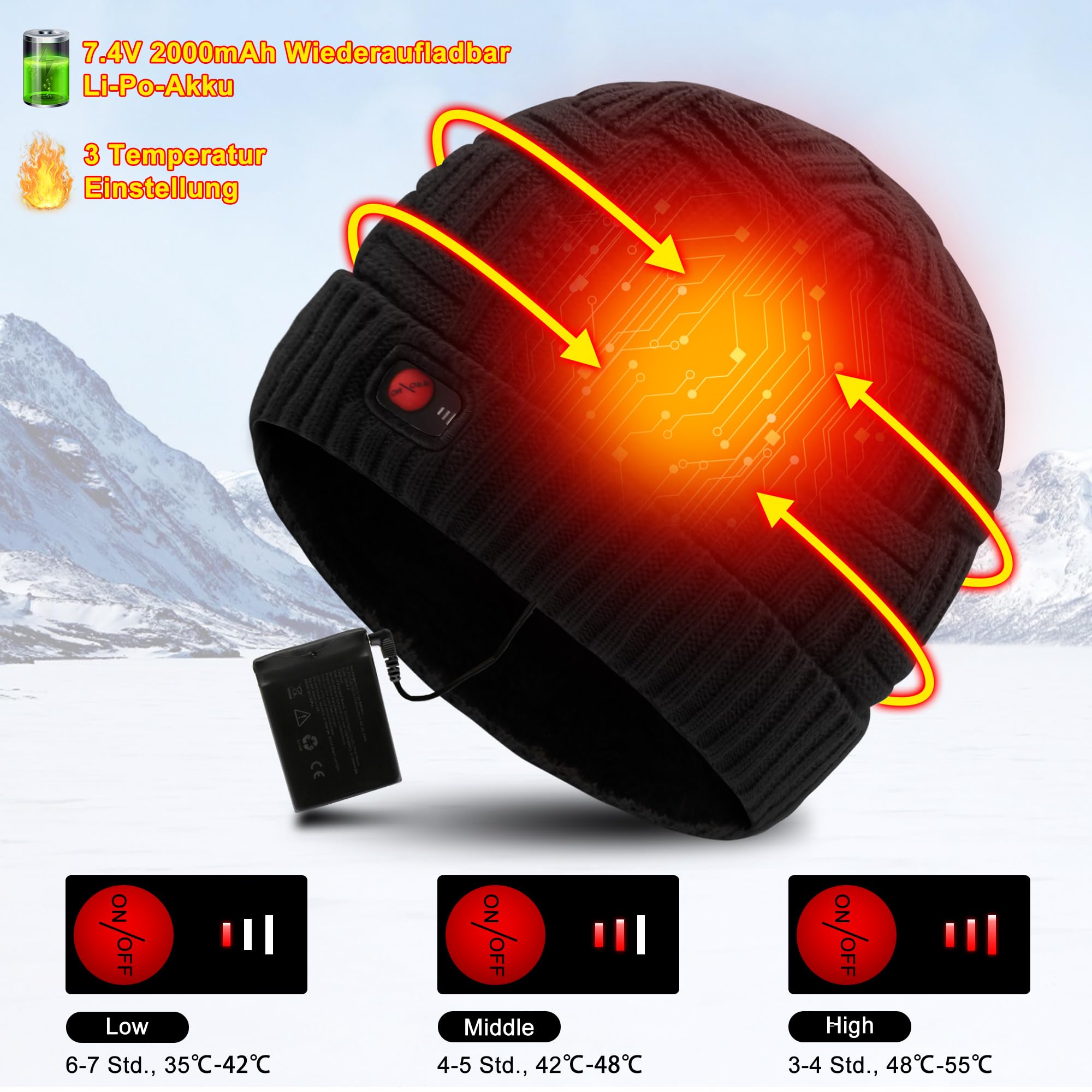 Svpro Gorro calentado con batería recargable de 7,4 V, batería de polímero de litio que dura hasta 3-7 horas, gorro eléctrico calentable para mujeres y hombres, gorro calefactor, Negro-Z, L