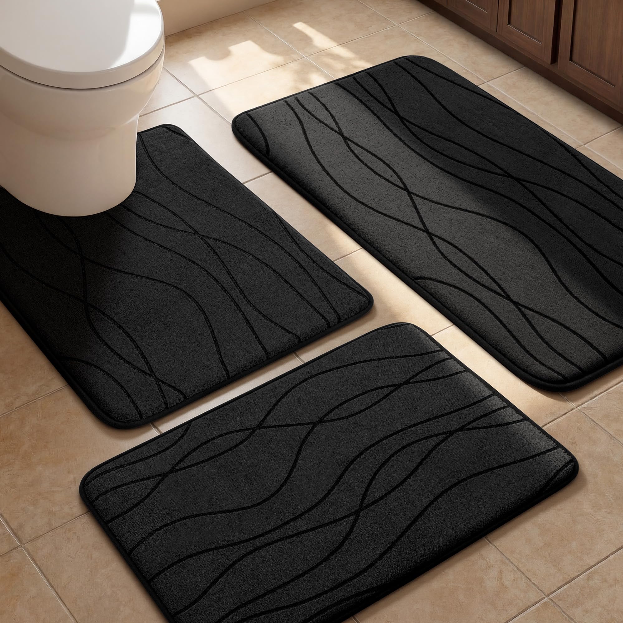 YIHOUSE Bathroom Rugs Set 3 Piece, Memory Foam Bath Mat Black