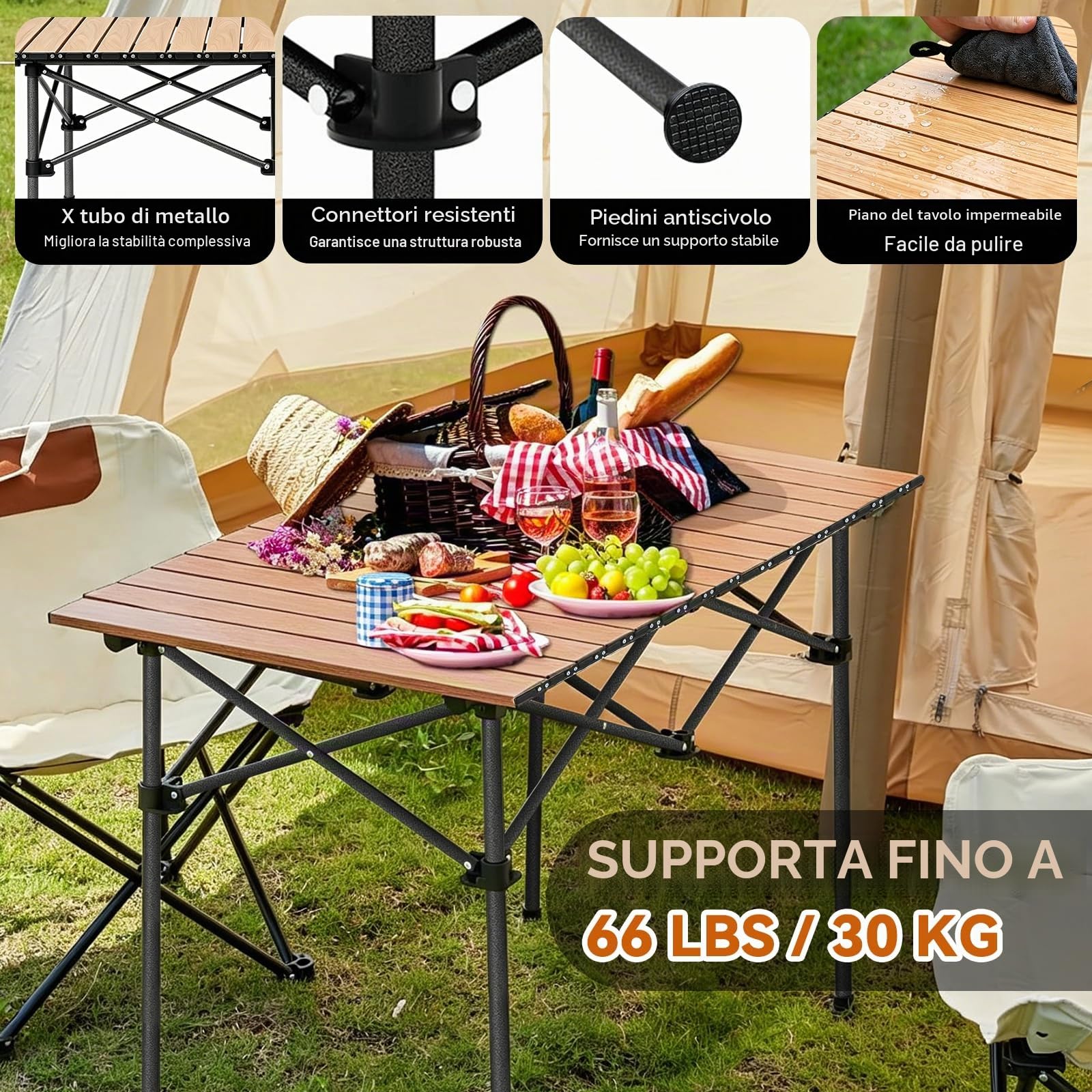 Tavolo da Campeggio Pieghevole 95 x 55 cm,Tavolino Portatile Pieghevole Altezza Regolabile 50-80 cm,Piano Arrotolabile,Peso Massimo 60 kg da Giardino Picnic Barbecue Pesca,e Outdoor