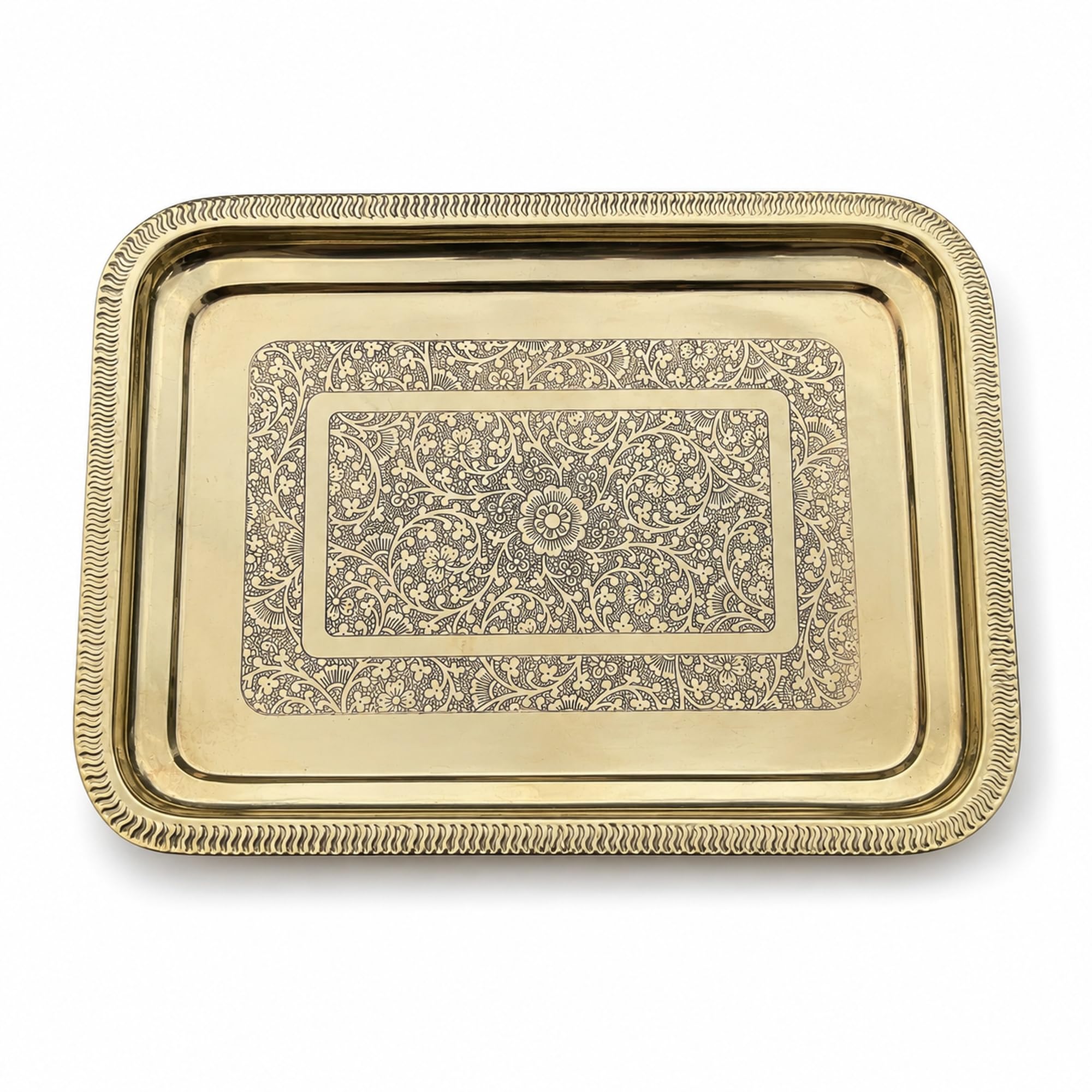 Shiv Shakti Arts Solid Brass Serving Tray, 33.5 × 24 cm, 390 gm, Rectangular Embossed Floral Design with Raised Rim | Tea, Snacks, Pooja, Décor & Gifting-picture-10