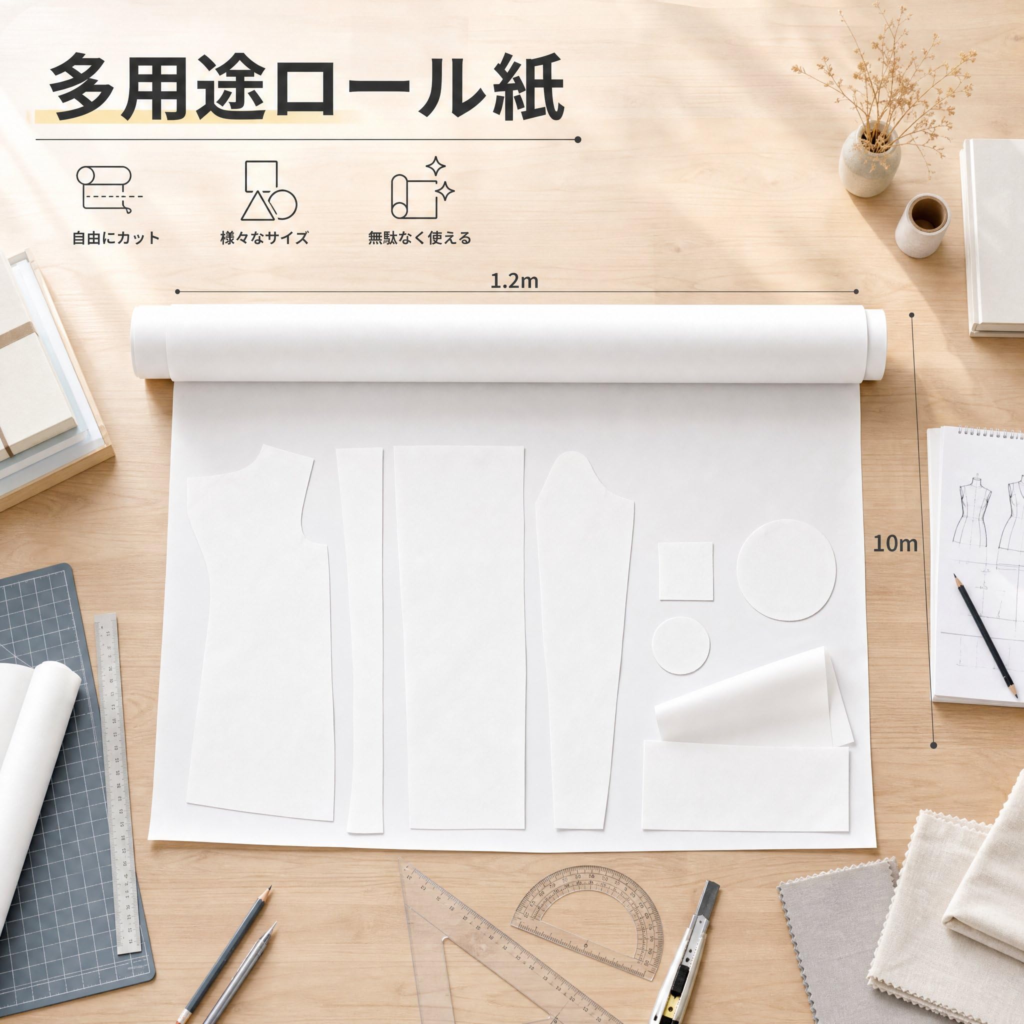 Okiyakusama Rotolo Carta Semi-Trasparente per Cartamodello, 45, per abbigliamento, 1.2m x 10m