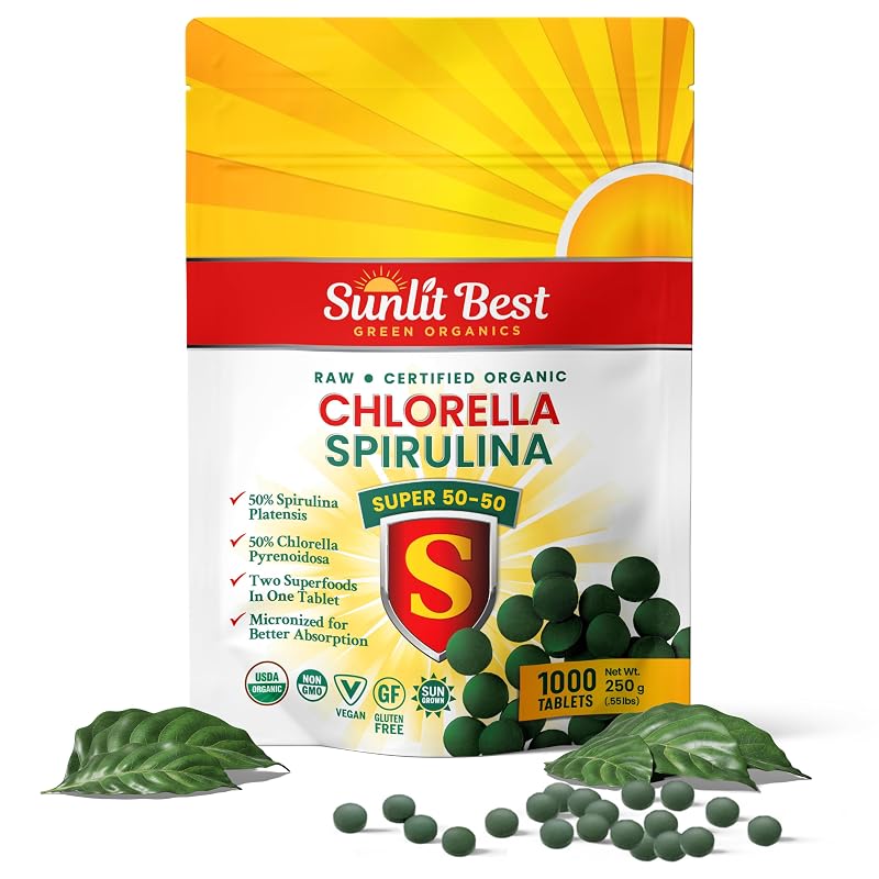 Sunlit Best Green Organics Suplemento de Chlorella e Spirulina Orgânicas em Comprimidos 250 mg, 1000 comprimidos