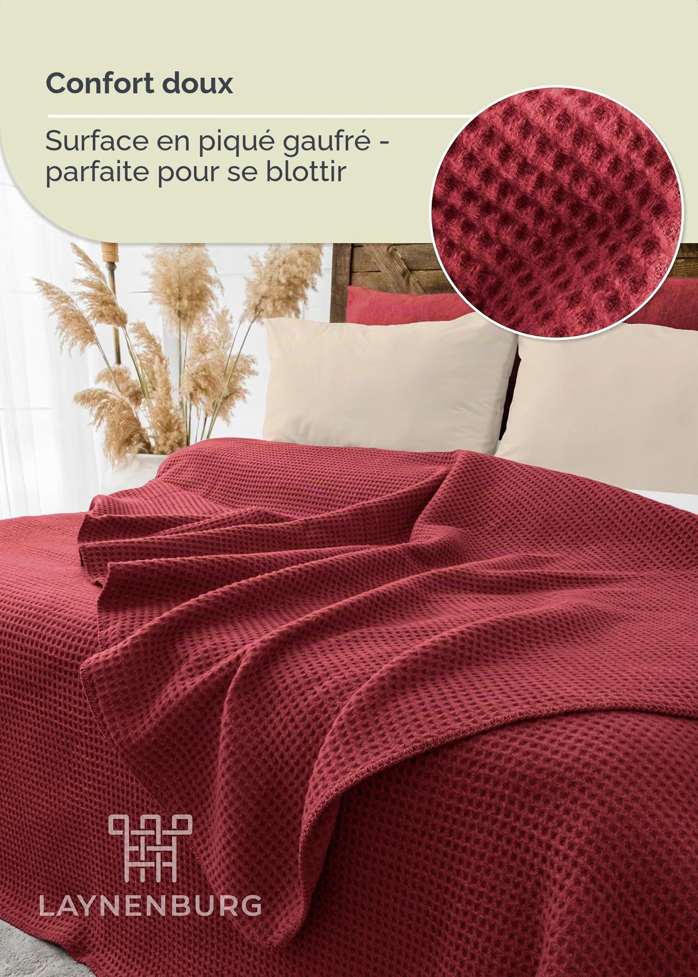 LAYNENBURG Couverture en Coton piqué gaufré Haut de Gamme 150x200 cm - Oeko-TEX 100 - Mélange de Coton Couverture Douillette - Plaid pour la Maison, Le canapé et Le Divan (Bordeaux)