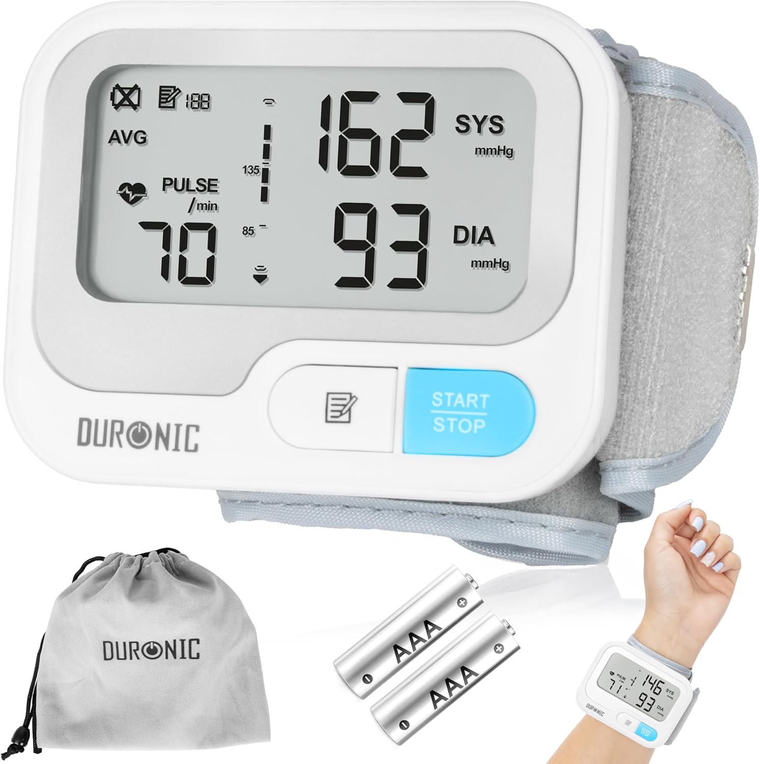 Product image of Duronic BPM65 Blutdruckmessgerät, Blutdruck messen für Bluthochdruck, Messgerät mit großem Display, Handgelenk Blutdruckmessgerät mit Manschette