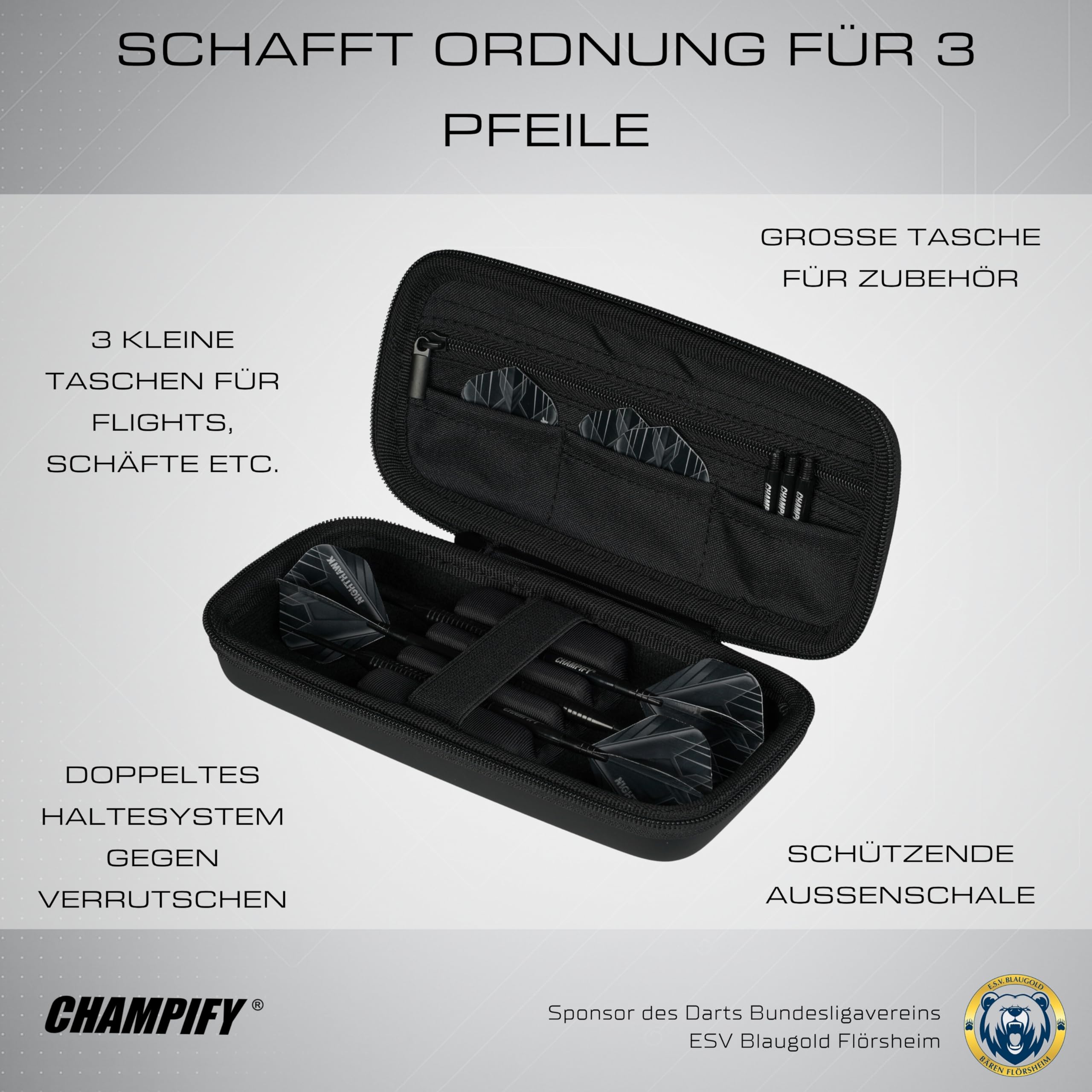 Champify® Darttasche mit Haltesystem gegen Verrutschen der Dartpfeile | Hard-Case zum Schutz für 3 Steeldarts oder Softdarts und vielen Taschen für Dart Flights und weiteres Darts Zubehör