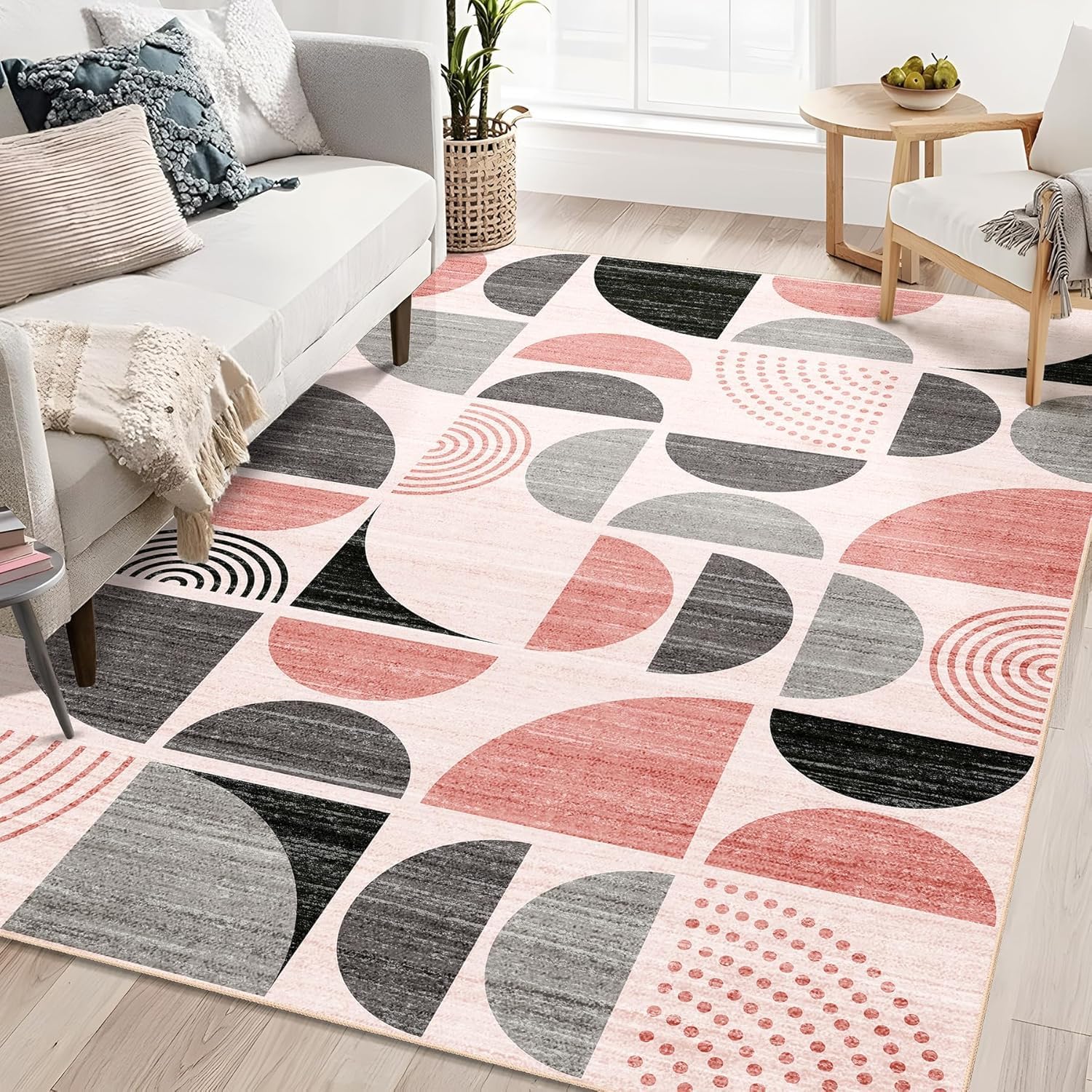 Tapis de salon géométrique moderne rose et noir 110x180 cm