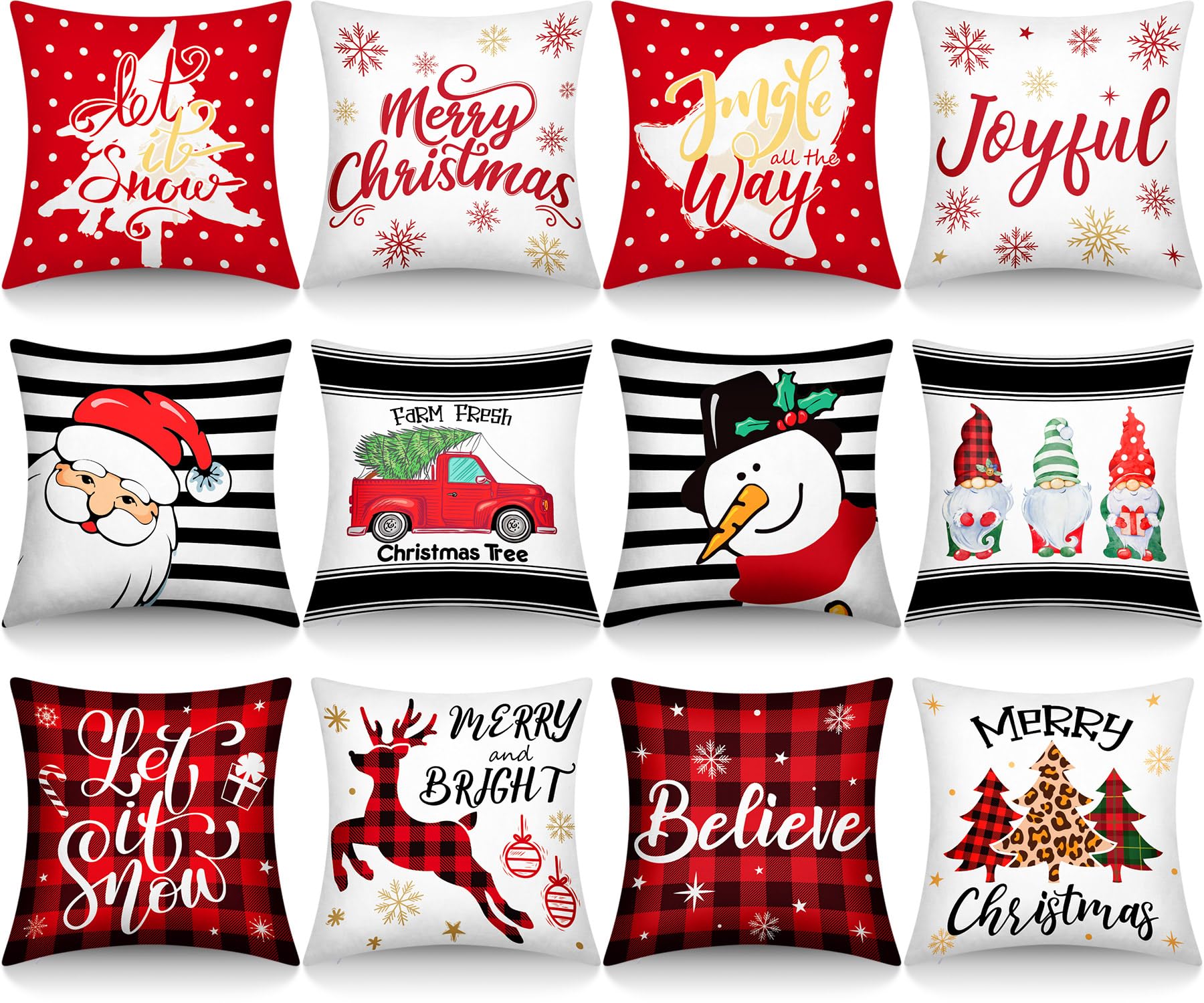 Hosuly 12 Pcs Christmas Pillow Covers 18 x 18 Inch Velvet Plaid Christmas Decorations Pillow Covers Christmas Pillow Cases Tree Elk Snowman Santa Gnomes Truck for Holiday Winter Bedroom Sofa Couch
