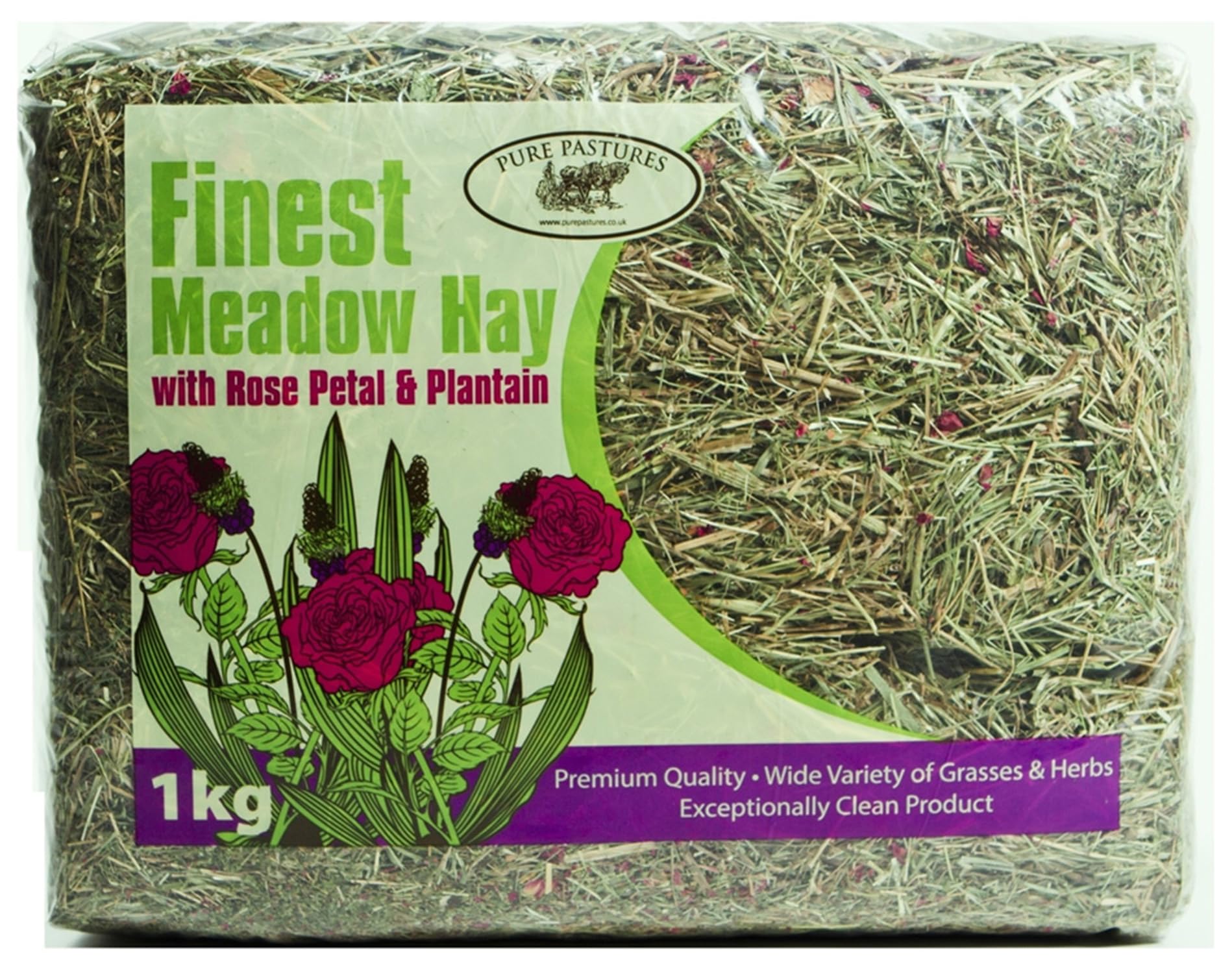 Foin de Prairie avec pétales de Rose et Plantain – Nourriture pour Lapin et Cochon d'Inde avec Fleurs ajoutées – 4 Sacs de 1 kg