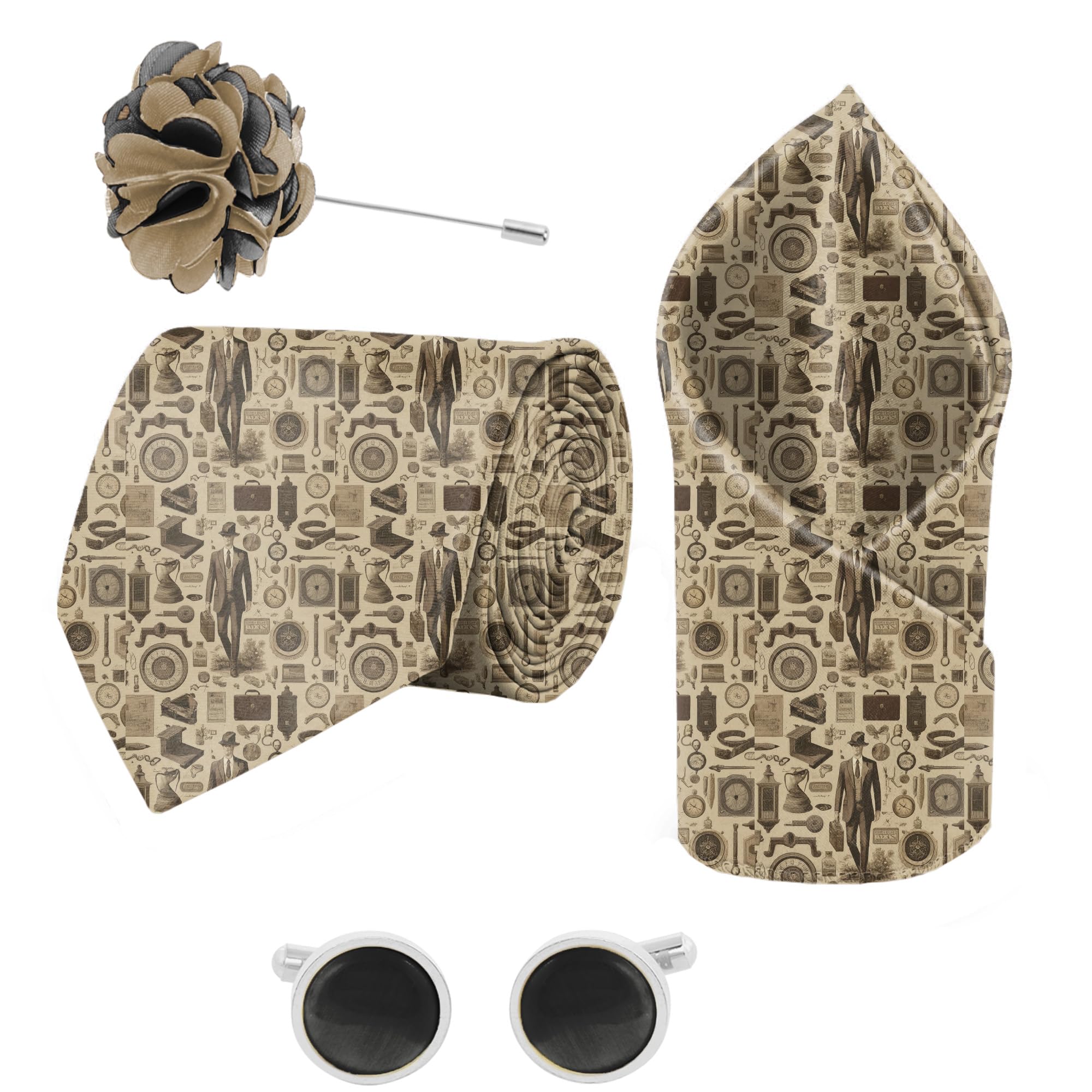 blacksmith Time Traveller Printed Tie and Pocket Square Set with Cufflink and Matching Flower Lapel Pin-picture-17