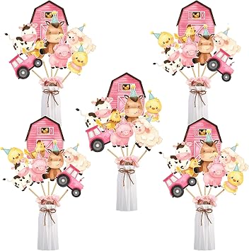 Farm Animal Centerpiece Sticks Pink for Farm Themed Party Table Toppers Barnyard Party Decorations for Girls Baby Shower Birthday Party - 24 Pcs