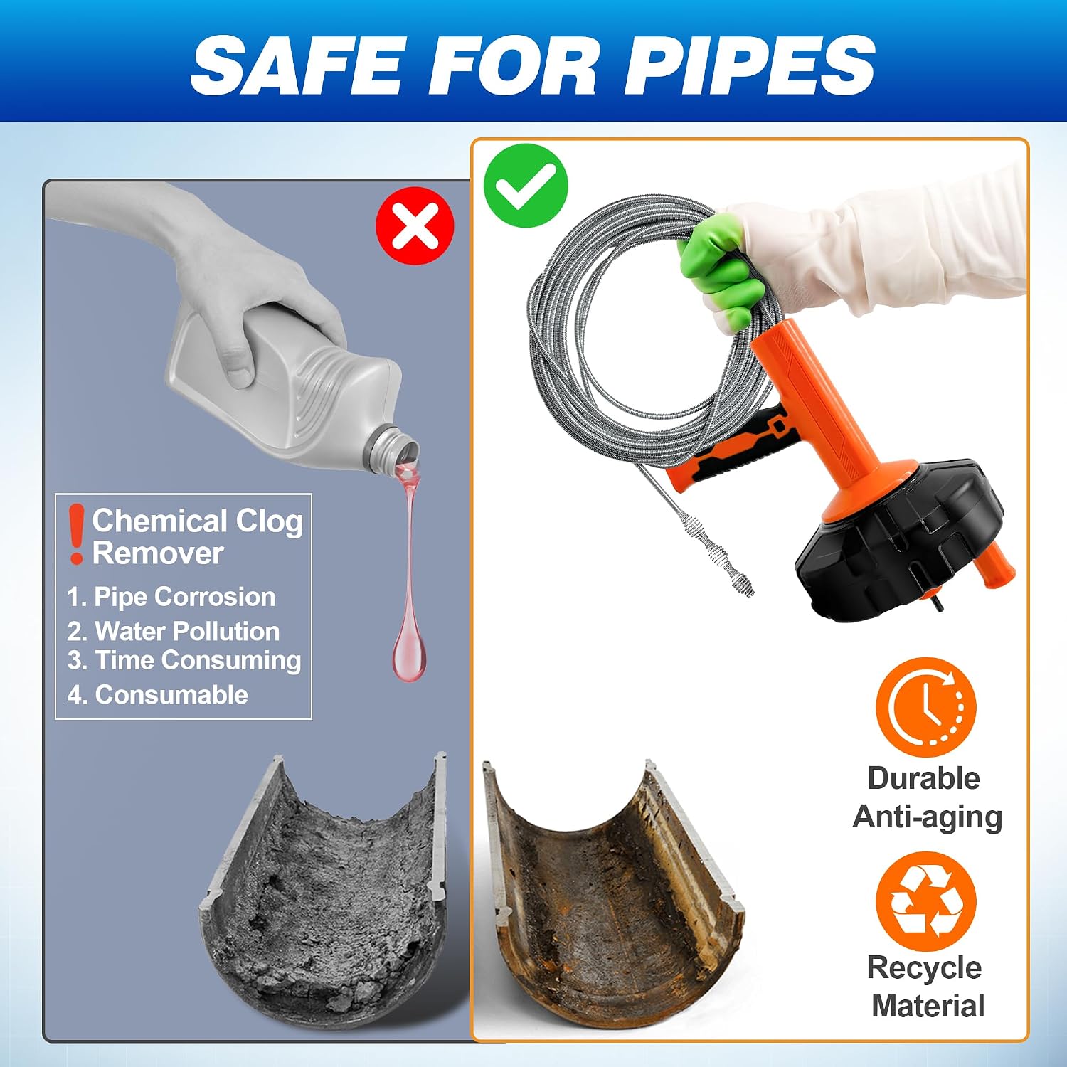 Drain Auger 33Ft, Auto-Feed Drain Clog Remover Plumbing Snake Drain Tools | Drill Adapter for Quickly Unclogging, Long Flexible Drain Snake for Deep Pipe Clogs, Bathroom Shower, Bathtub, Kitchen Sink