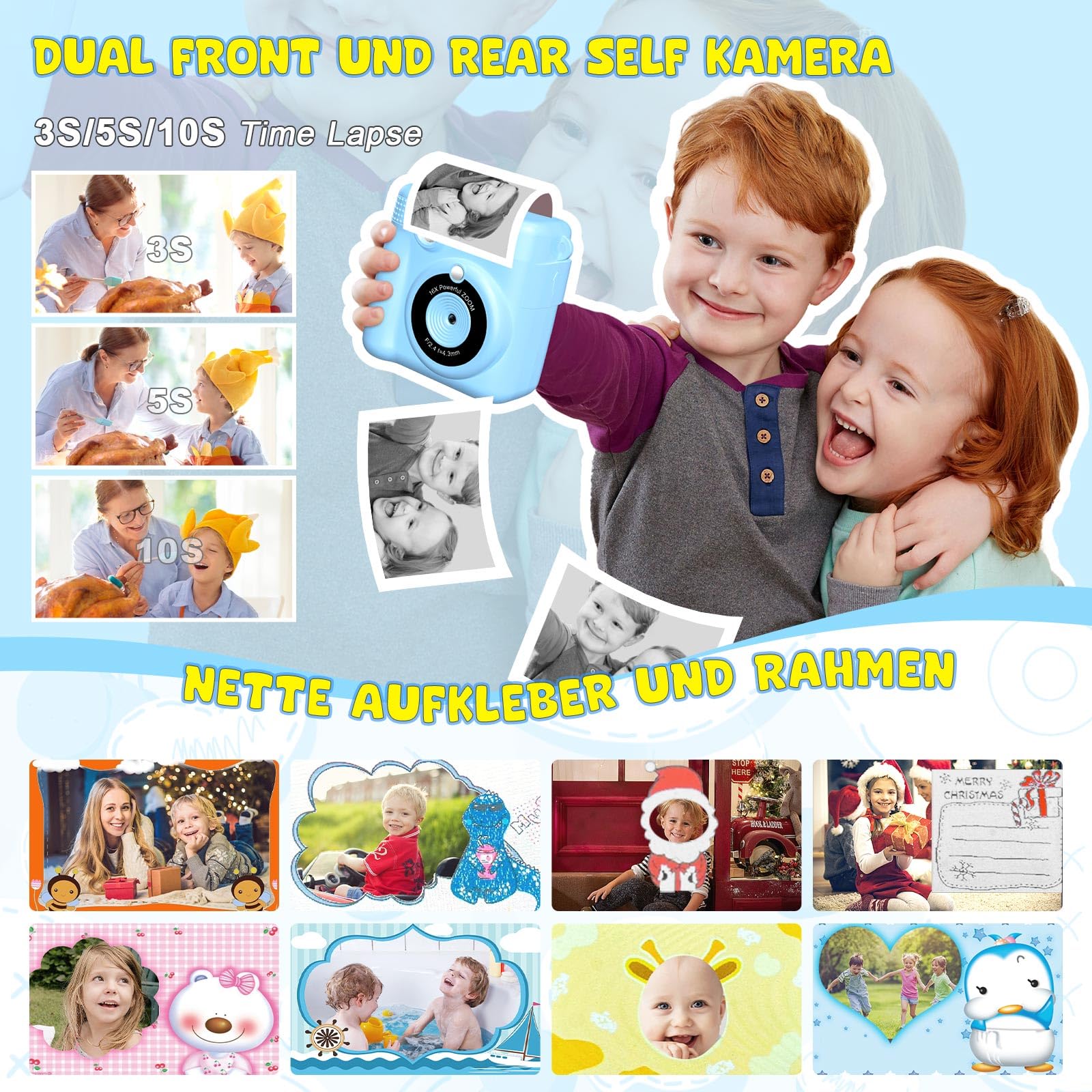 Fotocamera digitale per bambini, con stampa istantanea, 1080P, in bianco e nero, per foto (blu)..