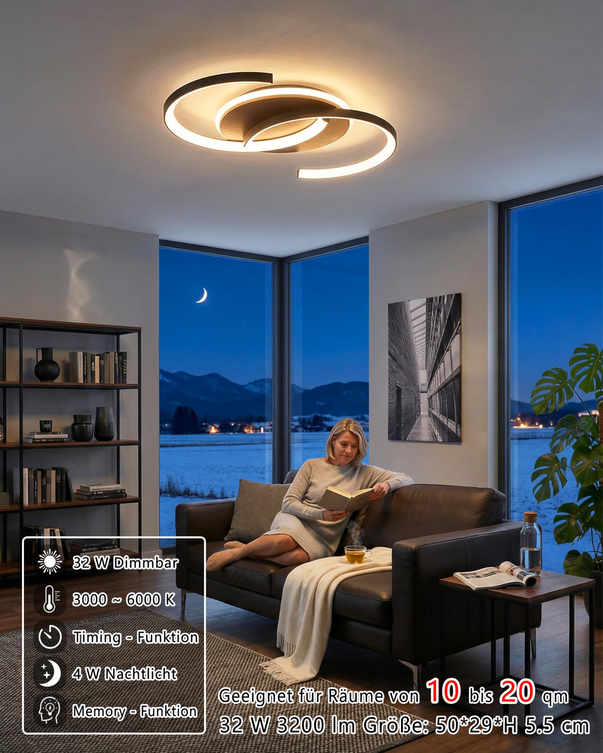 LED Deckenleuchte Holz dimmbar, Walnuss schwarz „S“ 2-Ringe Modern Deckenlampe, 32W 50cm 3200lm 3000K-6000K mit Fernbedienung, Schlafzimmerlampe, Flurlicht, Memory-Funktion, 4W Nachtlicht