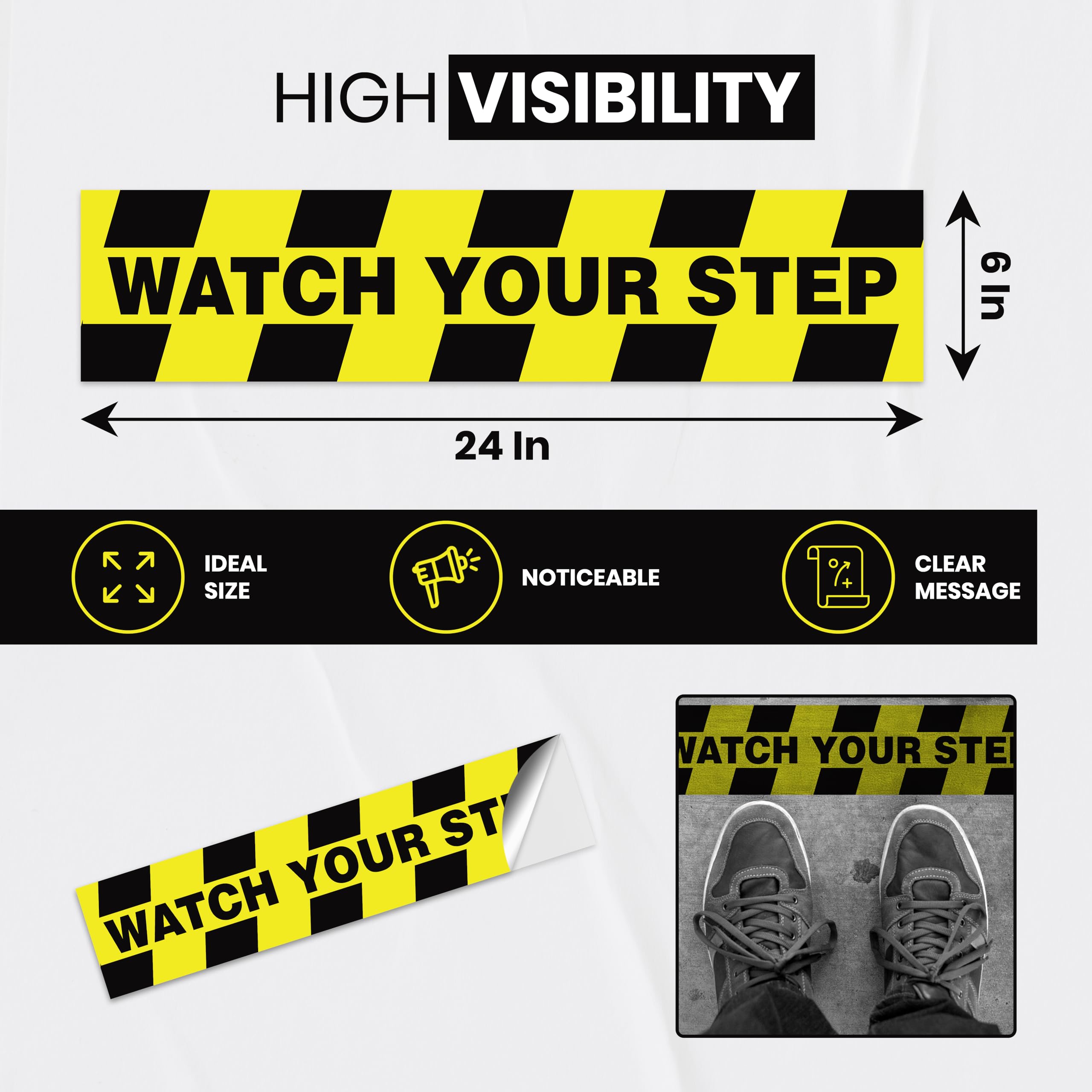 6 x Watch Your Step Floor Decals Stickers 20x5 Inch - Premium Self-Adhesive Vinyl, Laminated Anti-Slip, Water Resistance, Sticker Indoor & Outdoor