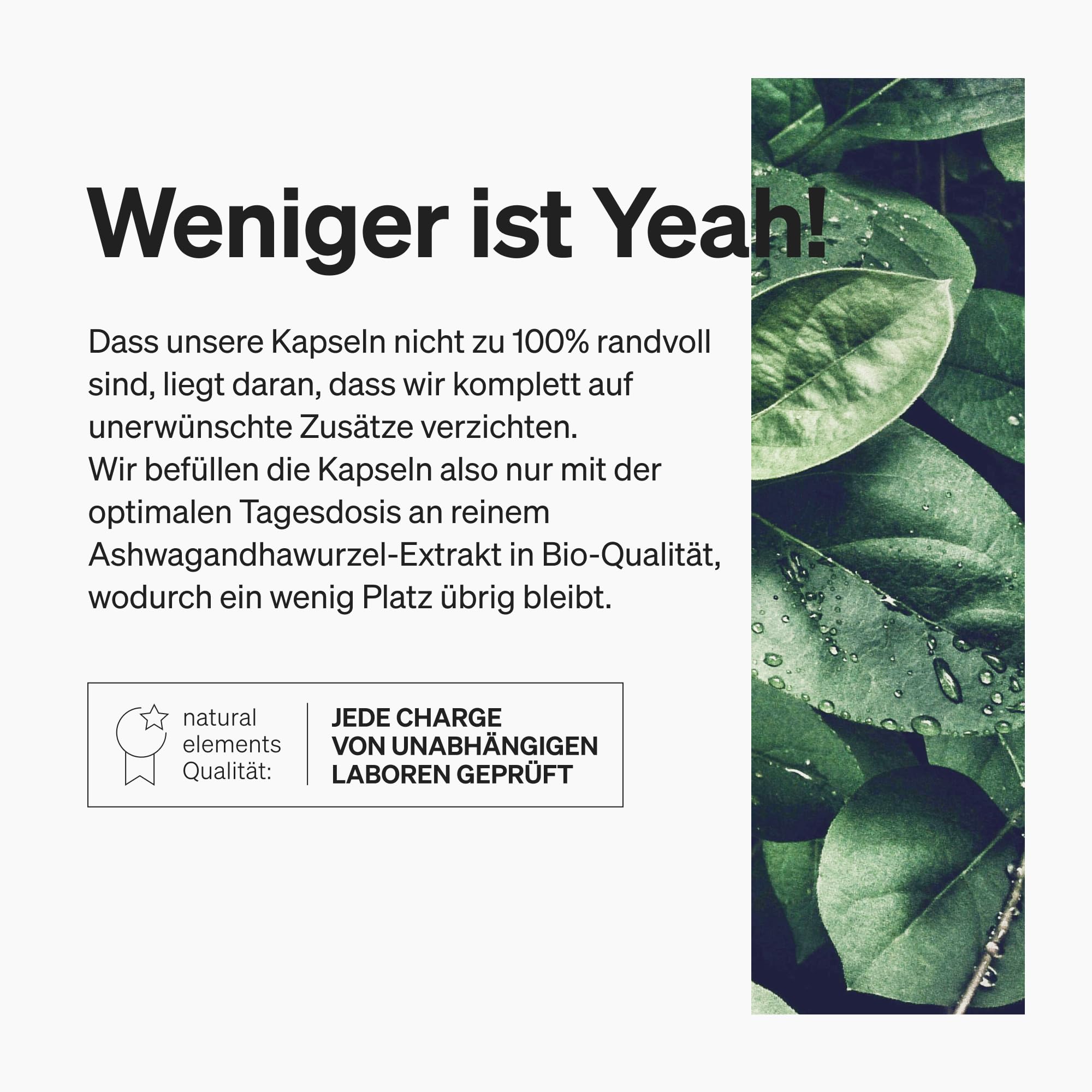 natural elements Bio-Ashwagandha – KSM-66® Premiumrohstoff (180 Kapseln mit überdurchschnittlicher Reichweite) – 5% Withanolid-Gehalt – laborgeprüft, vegan und hochdosiert