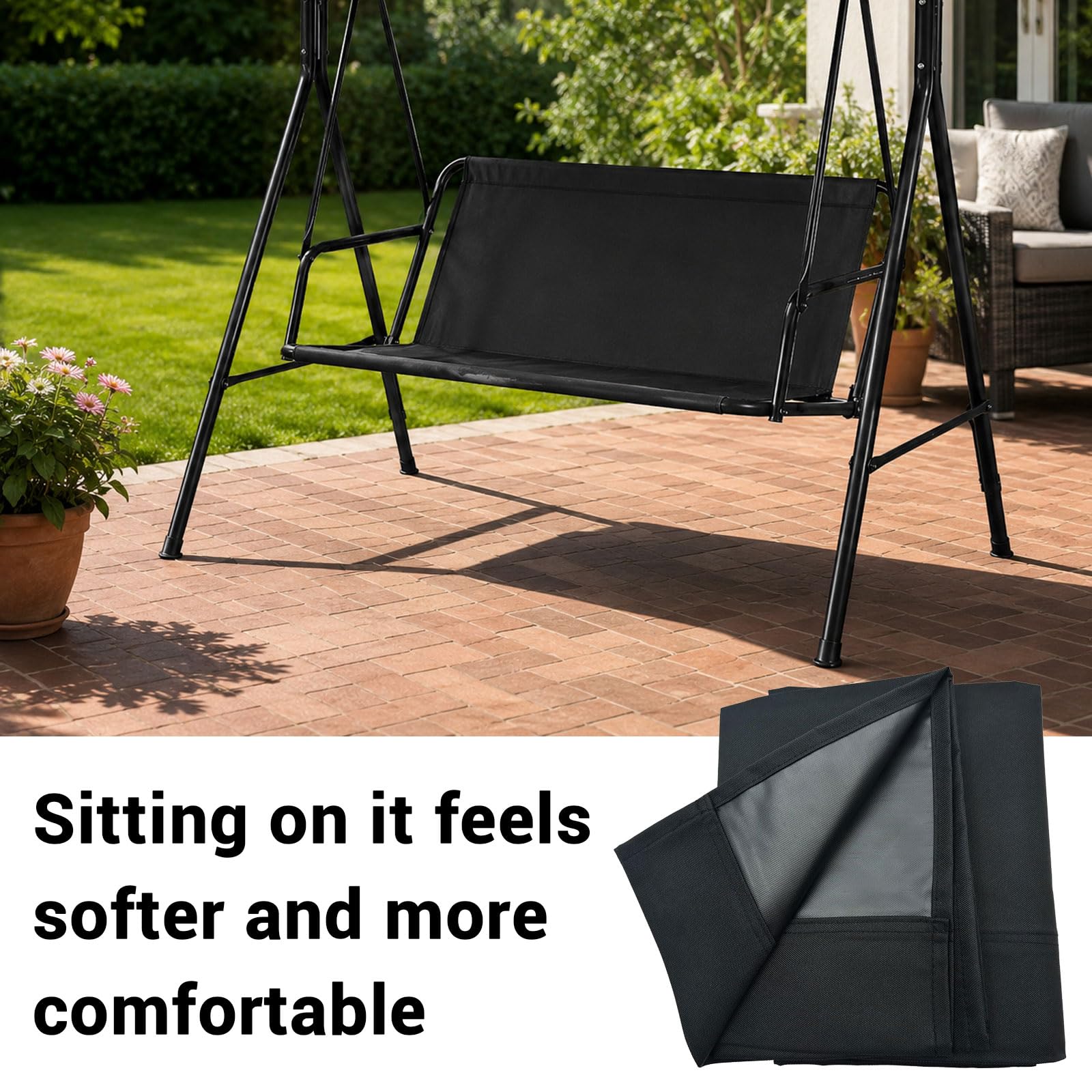 Hollywoodschaukel Sitzbezug, Gartenschaukel Bezug, 900D Oxford Wasserdicht Reißfest, UV Schutz, Outdoor Schaukel Polster Ersatz für 2&3 Sitzer, Wetterfest Schutzbezug, 115x48x48cm (Schwarz)