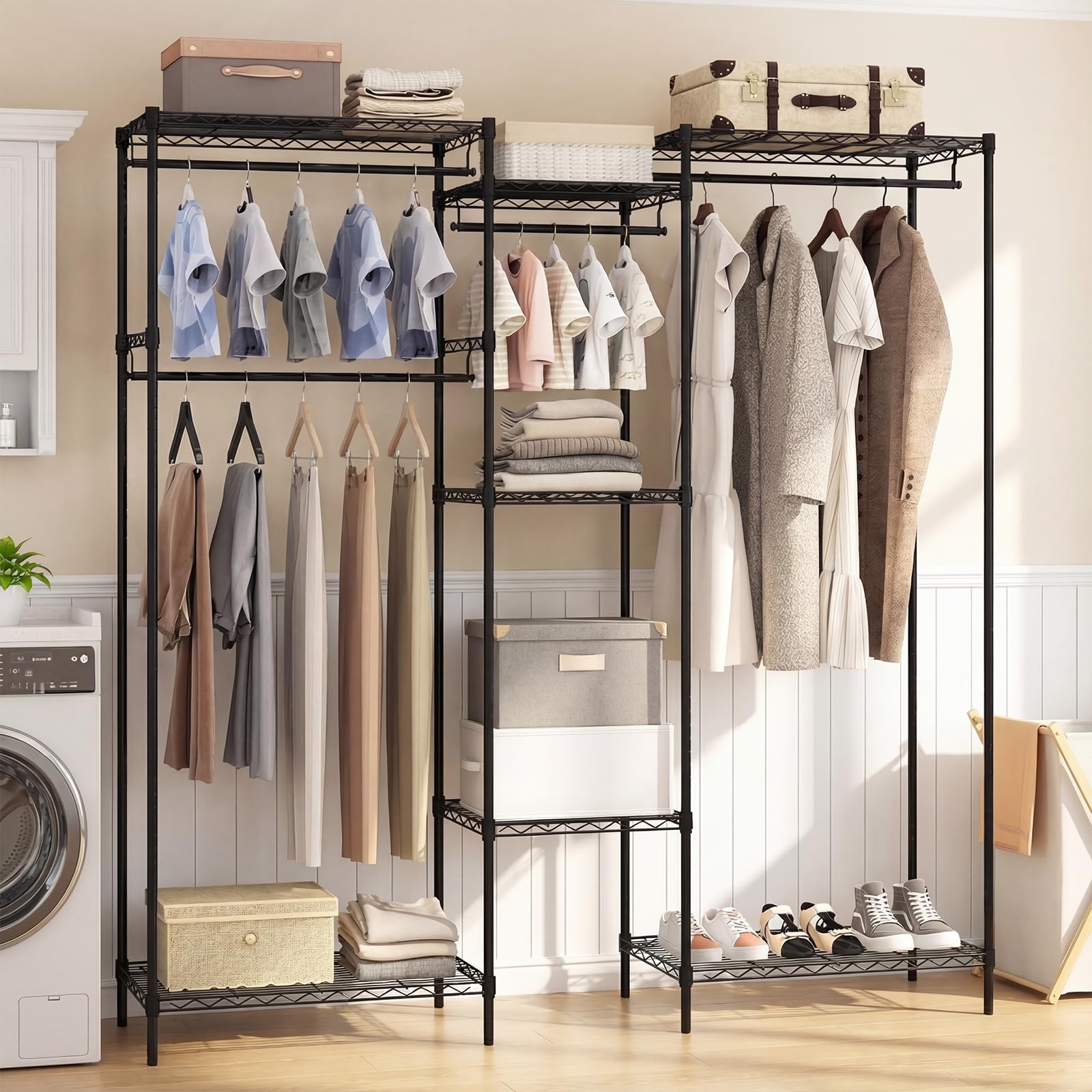 COSTWAY Armario Ropa Metálico, 7 Estantes Ajustables y 4 Barras para Colgar, Perchero Burro Ropa, Convertible con Instalación en L y Horizontal, 188 x 46 x 198 cm, Carga 530 kg (Negro)
