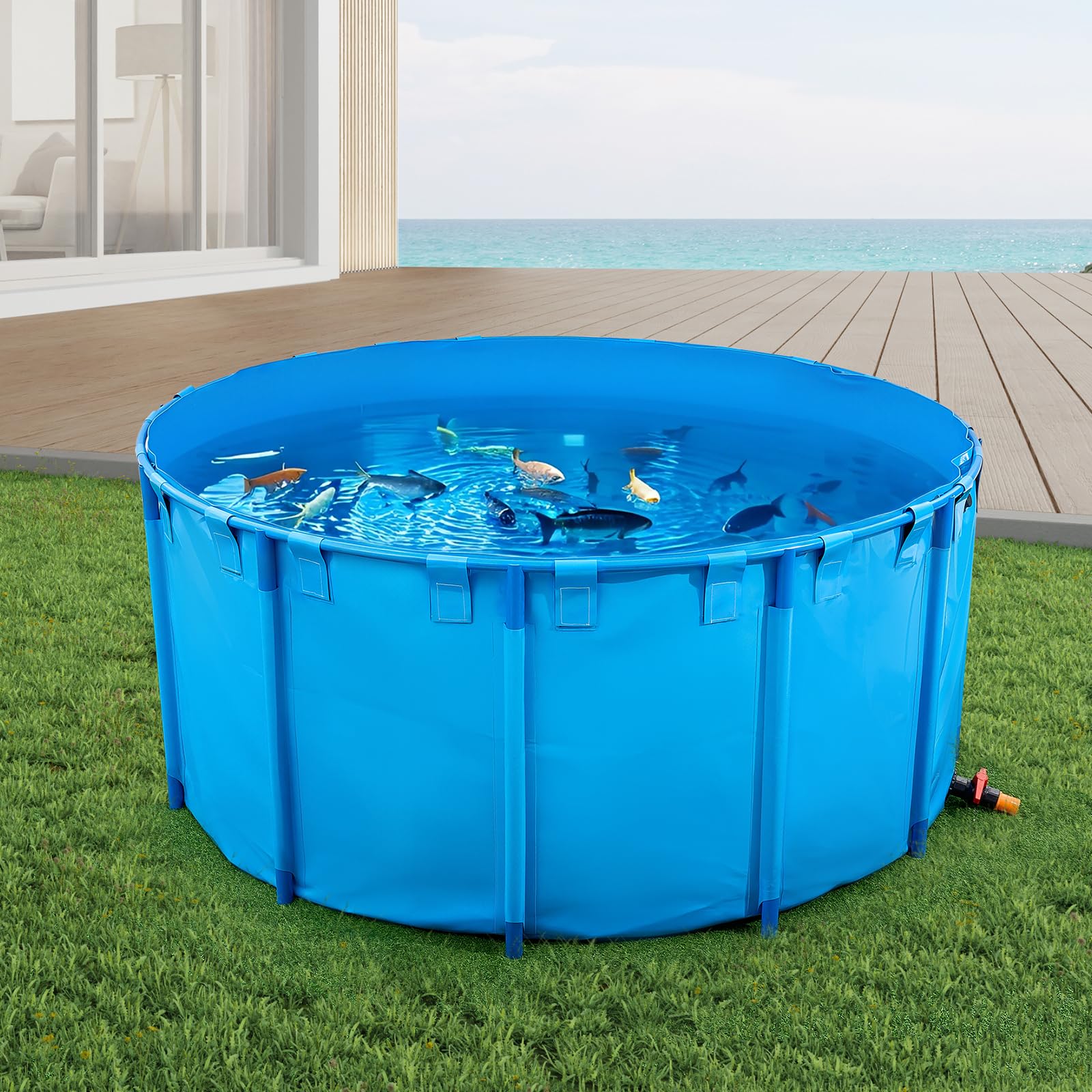 VEVOR Bassin à Poissons Hors Sol, Capacité 4550 L, Étang à Poissons en Toile PVC, avec Cadre Stable en Plastique et Vanne de Vidange, pour Aquaculture, Élevage de Poissons Rouges, Carpes, Koïs, Bleu