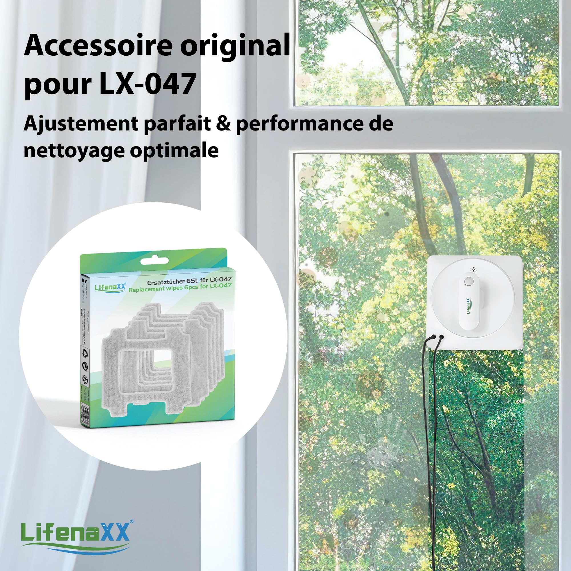 Lifenaxx Lingettes de Rechange (6 pièces) pour Robot Laveur de vitres LX-047 – Lingettes de Nettoyage en Microfibre Originales à Forte Absorption des saletés, durables et Parfaitement ajustées