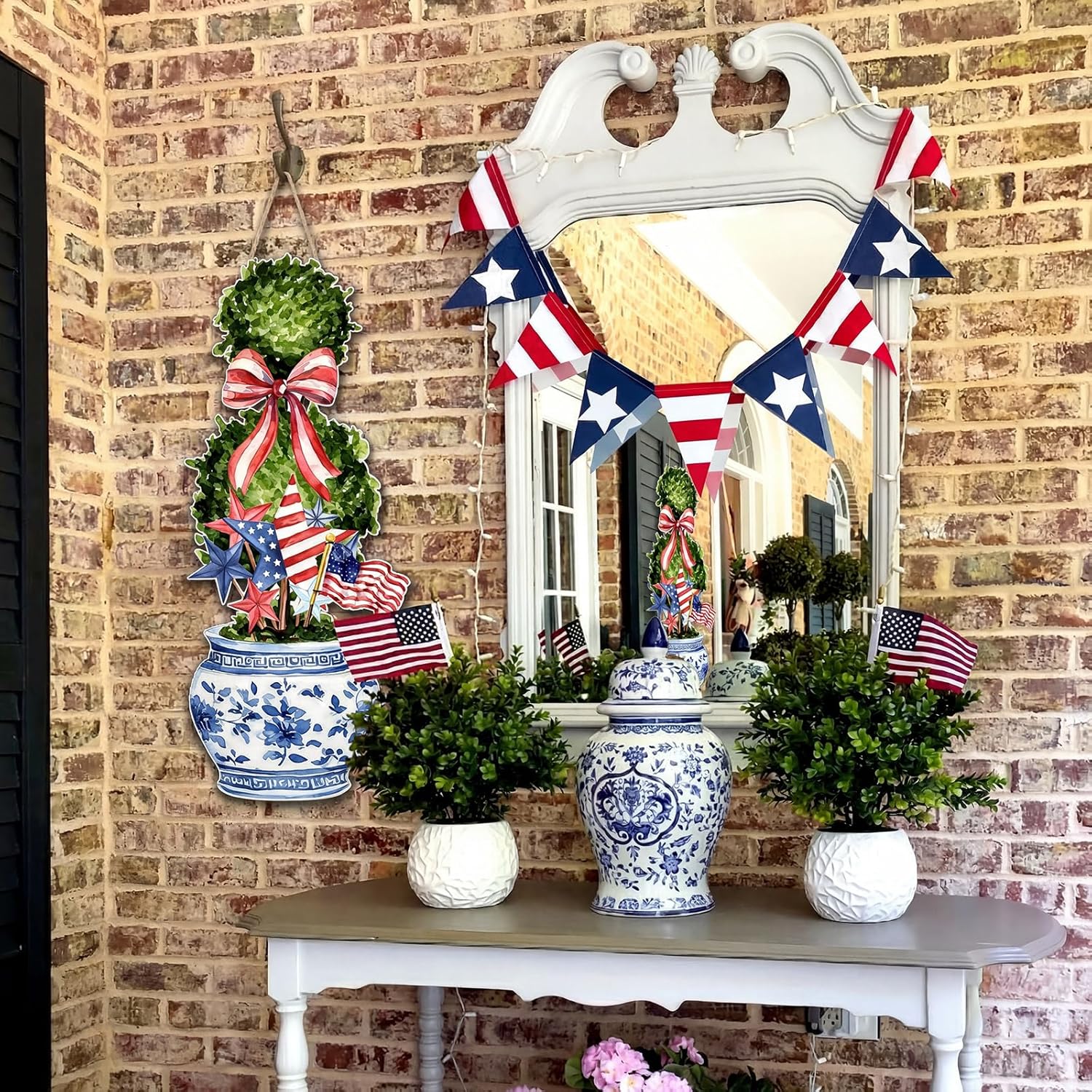 RattanView Independence Day Large Size Chinoiserie Bonsai Door Hanger Patriotic Topiary Wooden Sign Front Door Home Wreath Ornament for 250 Anniversary 4th of July Indoor Outdoor Yard Porch Decor