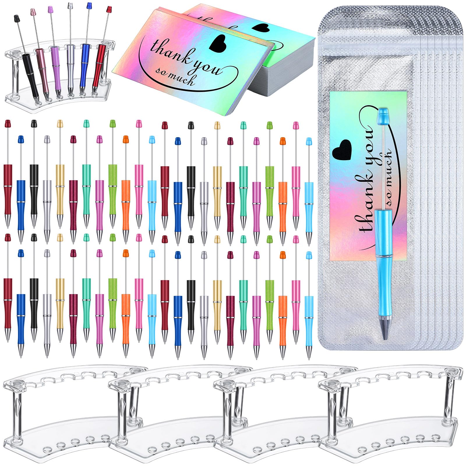 Tenceur 148 Pcs Beadable Pen Set Back to School Gift 48 Plastic Beadable Pen 48 Resealable Pouch Bag 48 Thank You Cards 4 Pcs Plastic Pen Holder Clear