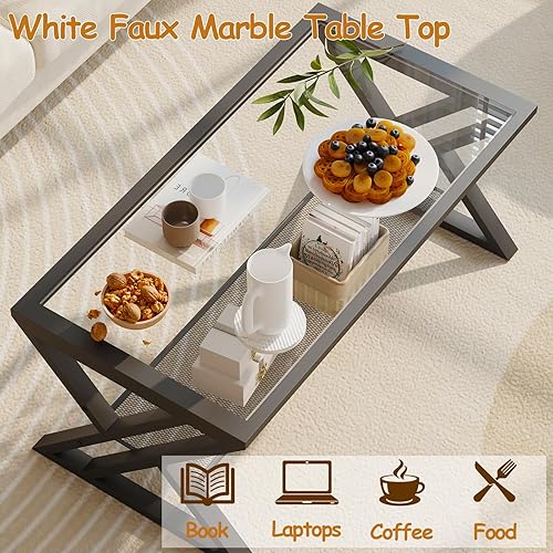 Miniatura 71 de Mesa de Centro para Sala de Estar Mesa Central Blanca, Mesa de Té Rectangular Simple y Moderna de Mármol Sintético con Marco de Metal Dorado Mármol