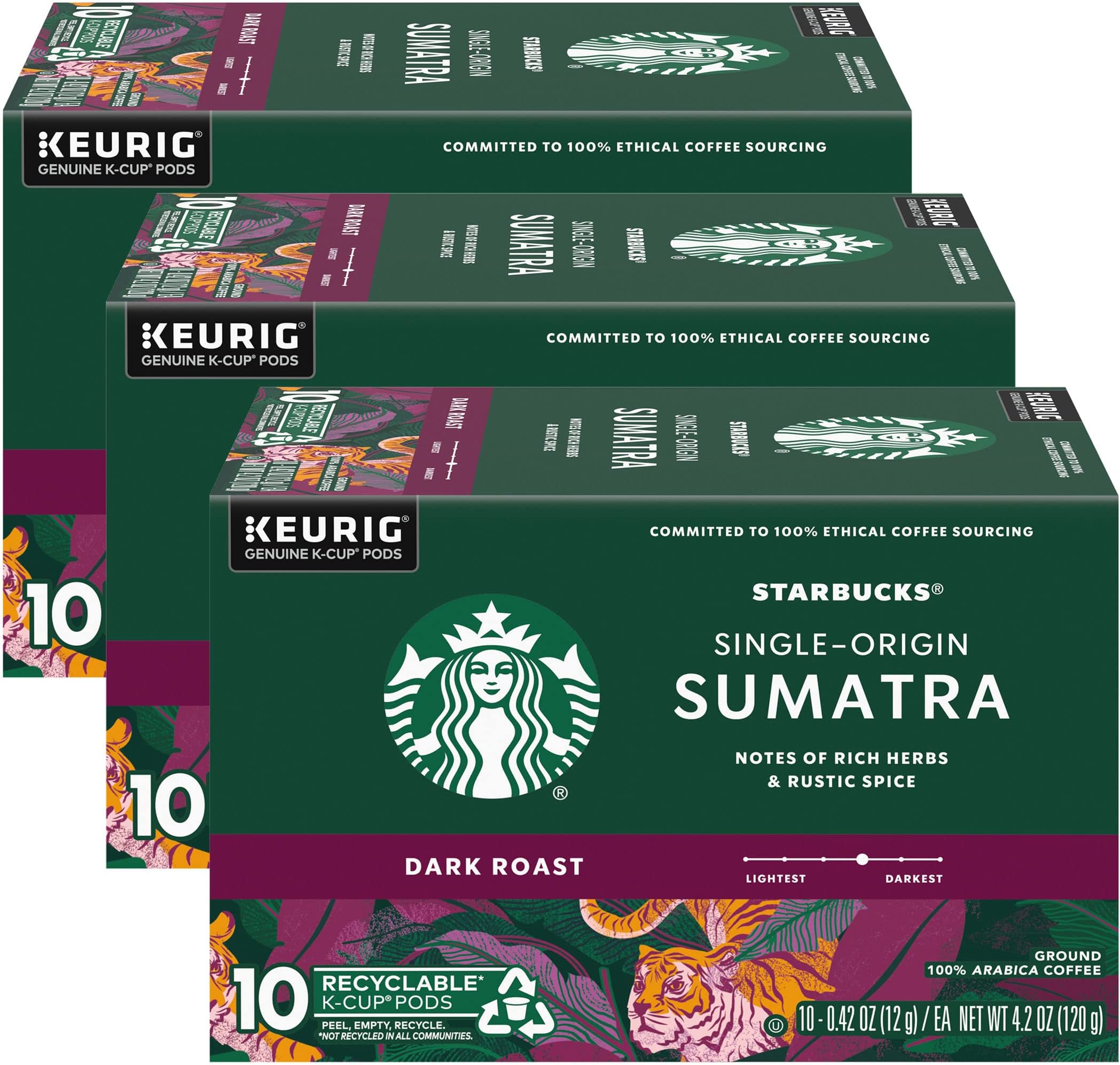 Coffee K-Cup Pods, Single-Origin Sumatra Coffee, Dark Roast 100% Arabica Coffee, Keurig Genuine K-Cup Pods, 10 CT K-Cups/Box (Pack of 3 Boxes)
