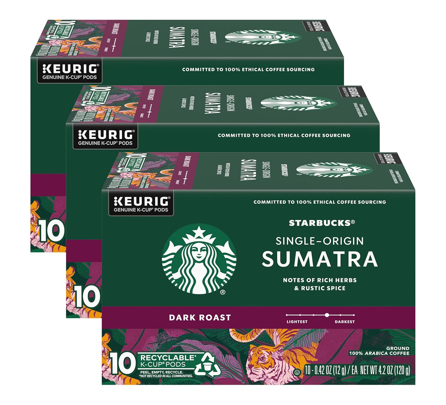 Starbucks Coffee K-Cup Pods, Single-Origin Sumatra Coffee, Dark Roast 100% Arabica Coffee, Keurig Genuine K-Cup Pods, 10 CT K-Cups/Box (Pack of 3 Boxes)