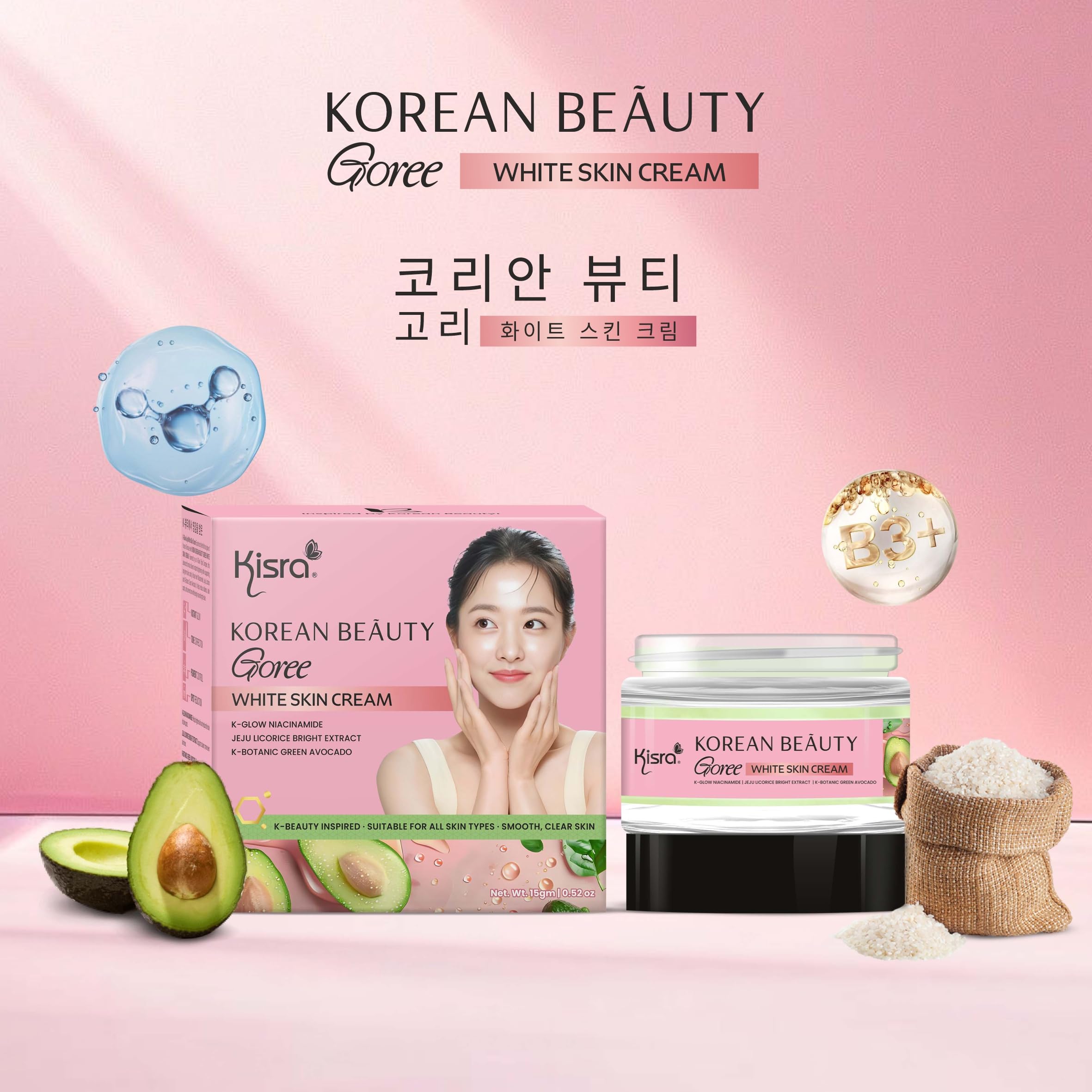 Kisra Korean Beauty Goree White Skin Cream - Instant Glass Skin Glow with Niacinamide, Kojic Acid & Jeju Licorice - Dark Spot Reduction & Pigment Control -15g (Pack of 1) 1