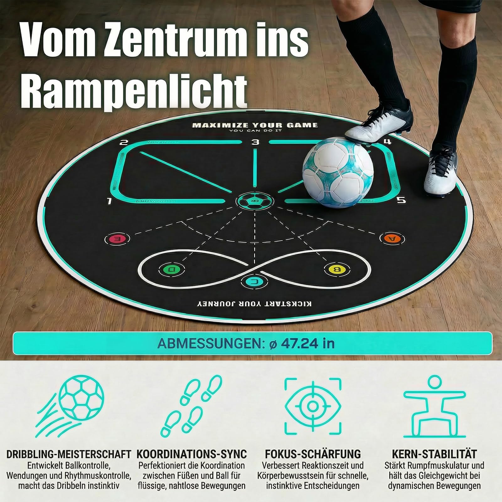 360° Fußball Trainingsmatte Kinder & Erwachsene – Rutschfeste Geräuscharme Fußballmatte für Ballkontrolle, Koordination, Agility & Footwork Training, Fußball Trainer für Indoor & Outdoor