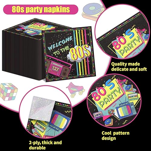 Miniatura 3 de 100 servilletas de decoración de los años 80 de 13 x 13 pulgadas, servilletas de fiesta de regreso a los 80, servilletas coloridas de hip hop para