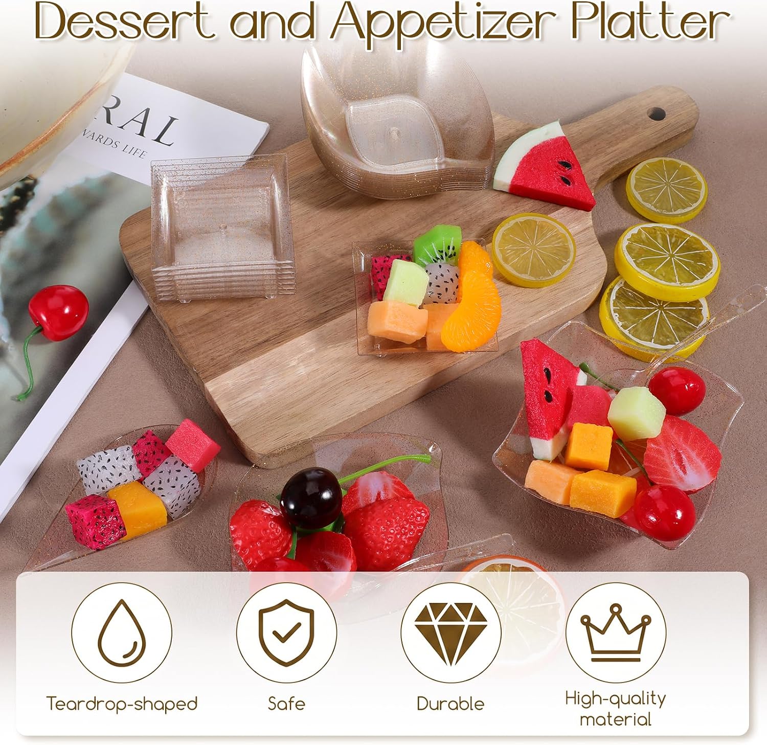 400 Pcs Mini Appetizer Plates Set with Spoons & Forks, Disposable Mini Dessert Plates, Dessert Containers Assorted Shape Tiny Individual Serving Trays for Party (Glitter Style, Gold Glitter)