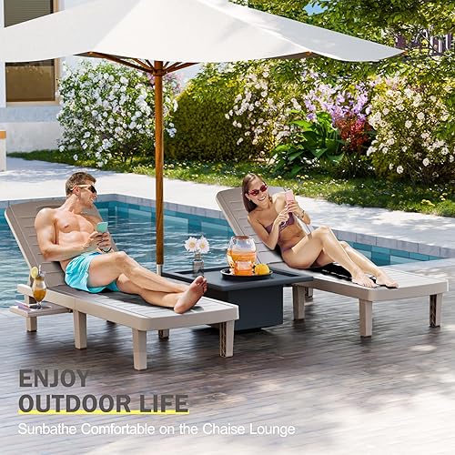 Miniatura 10 de CDCASA Juego de 2 tumbonas para exteriores, sillas de piscina con 5 posiciones ajustables y bandeja lateral, sala de descanso de resina impermeable