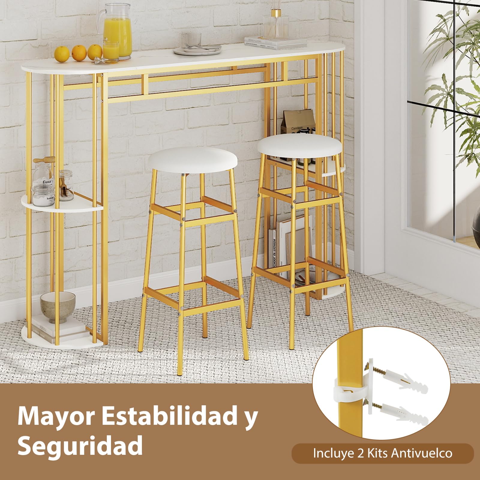 COSTWAY Mesa Alta de Cocina, Mesa Alta de Bar Rectangular con Estantes de Almacenamiento, Estructura Metálica, Encimera Efecto Mármol, Barra Estrecha para Cocina, Bar, 150x40x105 cm (Dorado y Blanco)