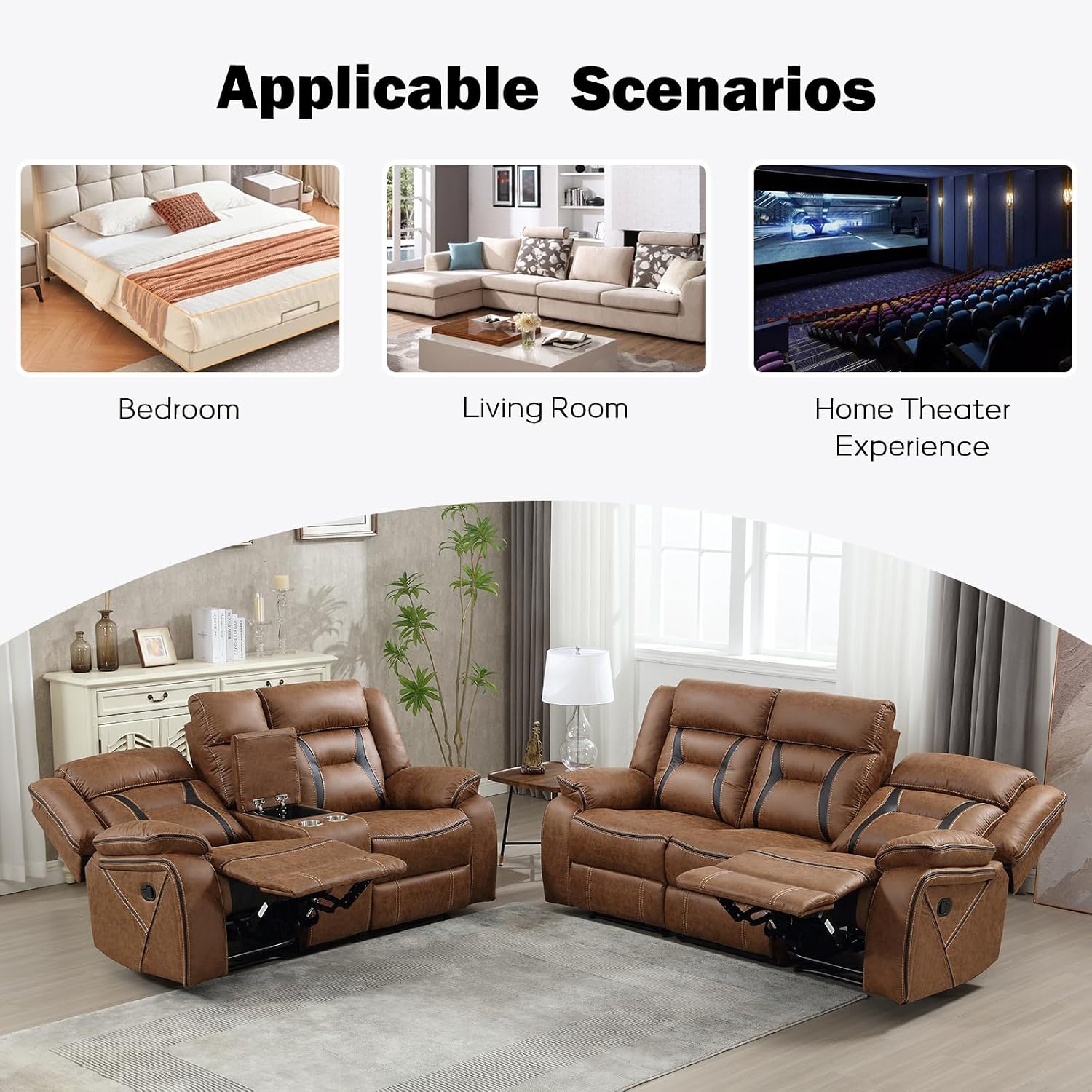 EBELLO Manual Recliner Sofa Set, Faux Leather Reclining Living Room Furniture Set, Included Loveseat and 3 Seat Manual Recliner Sofa, Brown(Loveseat+Sofa)