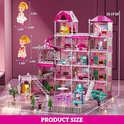 Miniatura 13 de Juego de villa para niñas de 3 a 7 años, juego de interior para niñas de 6 a 8 años con 4 pisos, 11 habitaciones, 2 muñecas, muebles y accesorios