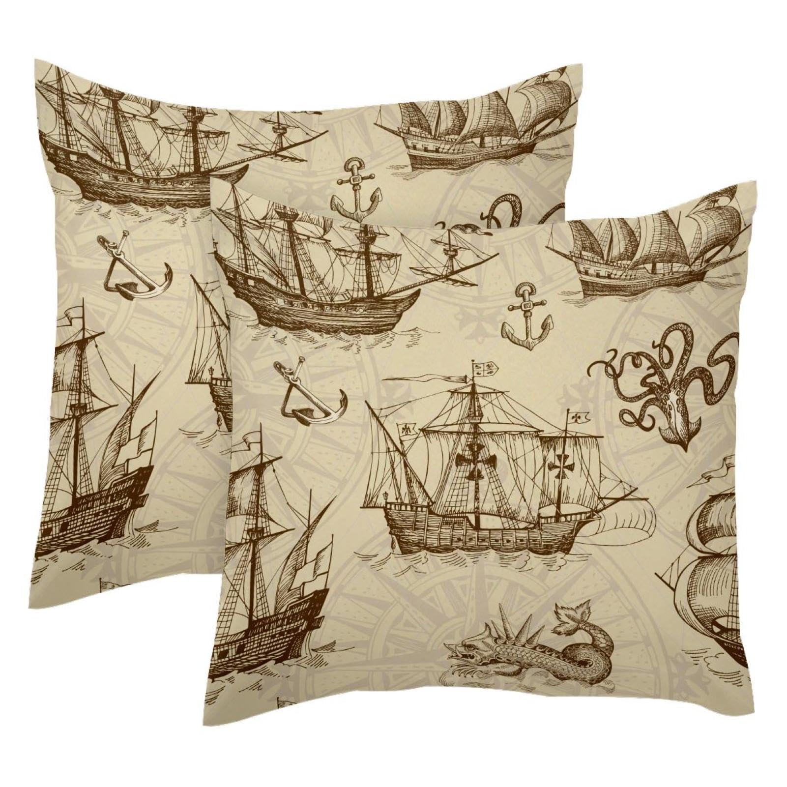 Housses de coussin velours doux motif monstre à voile et ancre marine 50x50