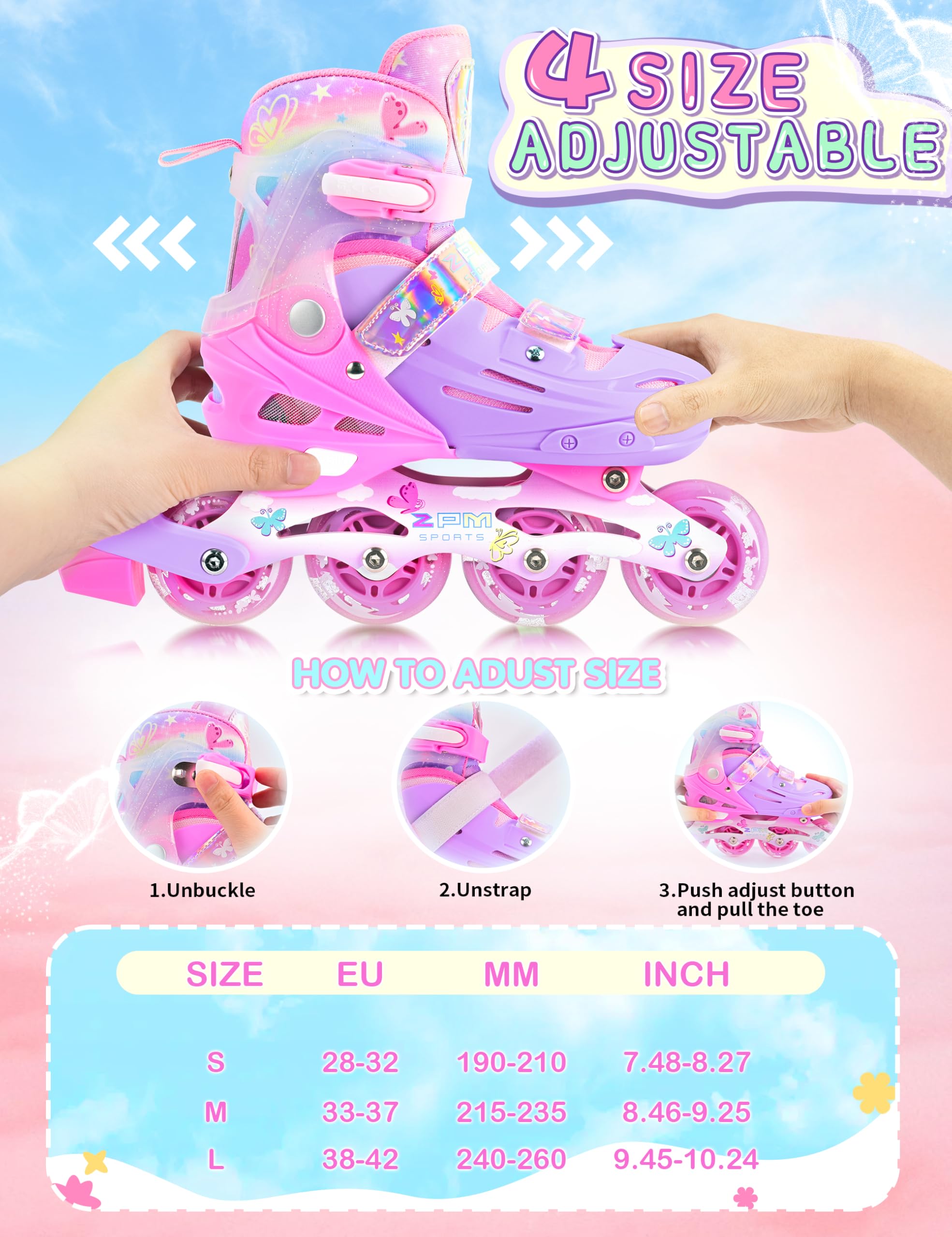 2PM SPORTS Patins à roulettes en Ligne pour Filles Enfants - Rose Bleu 4 Tailles réglables Intérieur Extérieur Débutants
