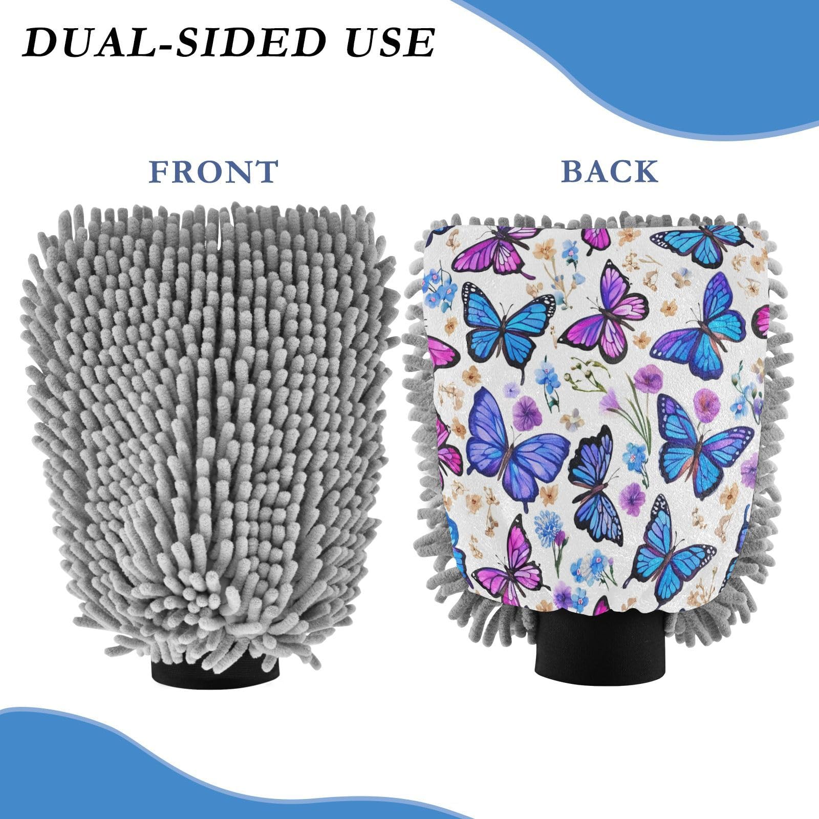 Kigai Beautiful Colorful Butterfly Car Wash Mitt Microfiber, 2Pcs Scratch Free Lint-Free, Premium Chenille Microfiber Mitt Car Wash Brush-M
