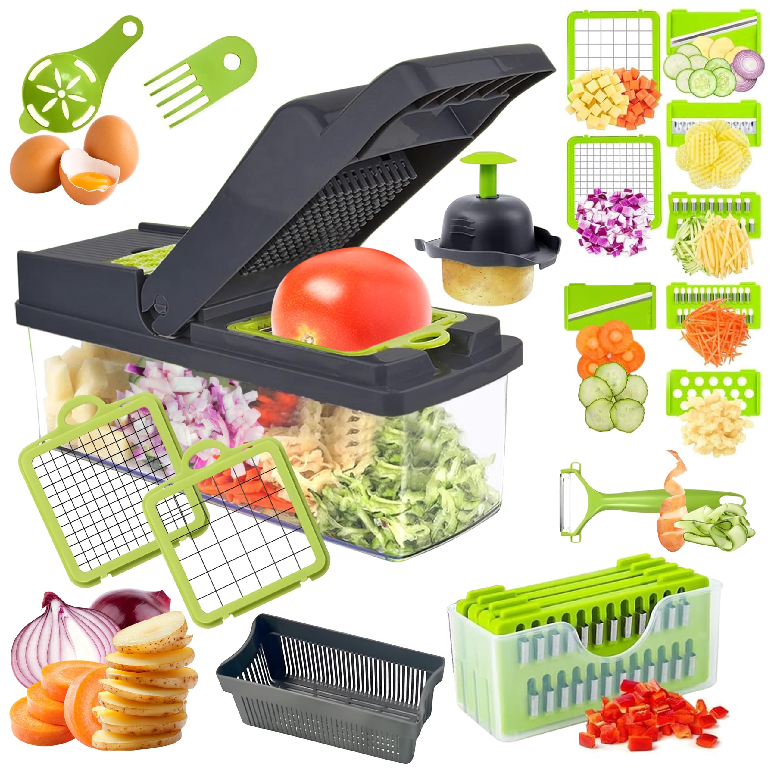 NEEZ Vegetable Chopper 15 in 1 – Multifunctional Mandoline Slicer Dicer, Cutter & Grater for Onion, Potato, Salad & Garlic with Drain Basket Container (Black and Green)