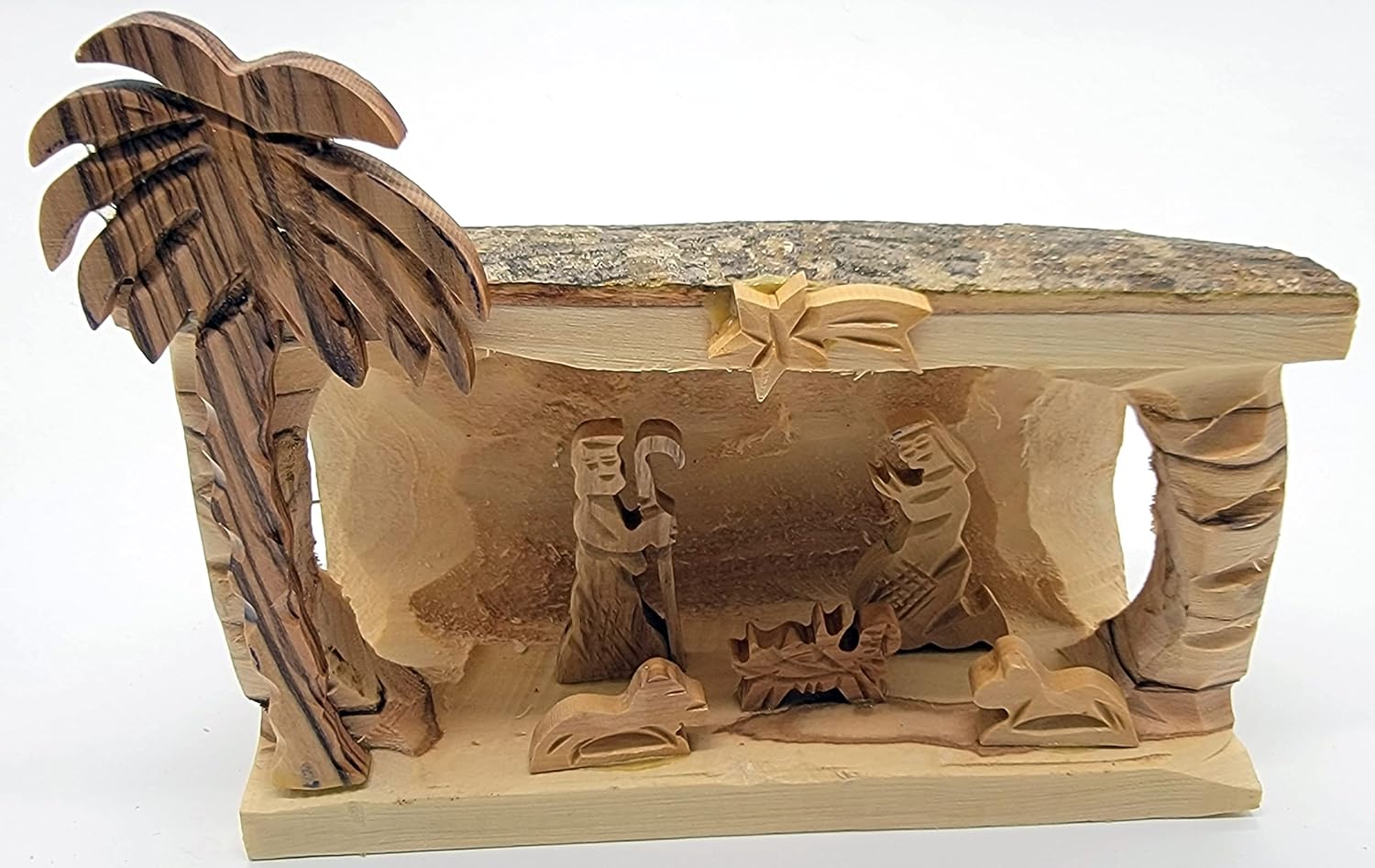 Zuluf Olive Wood Bark Christmas Nativity | Religious Holy Family Nativity Scene Hand Made from Israel