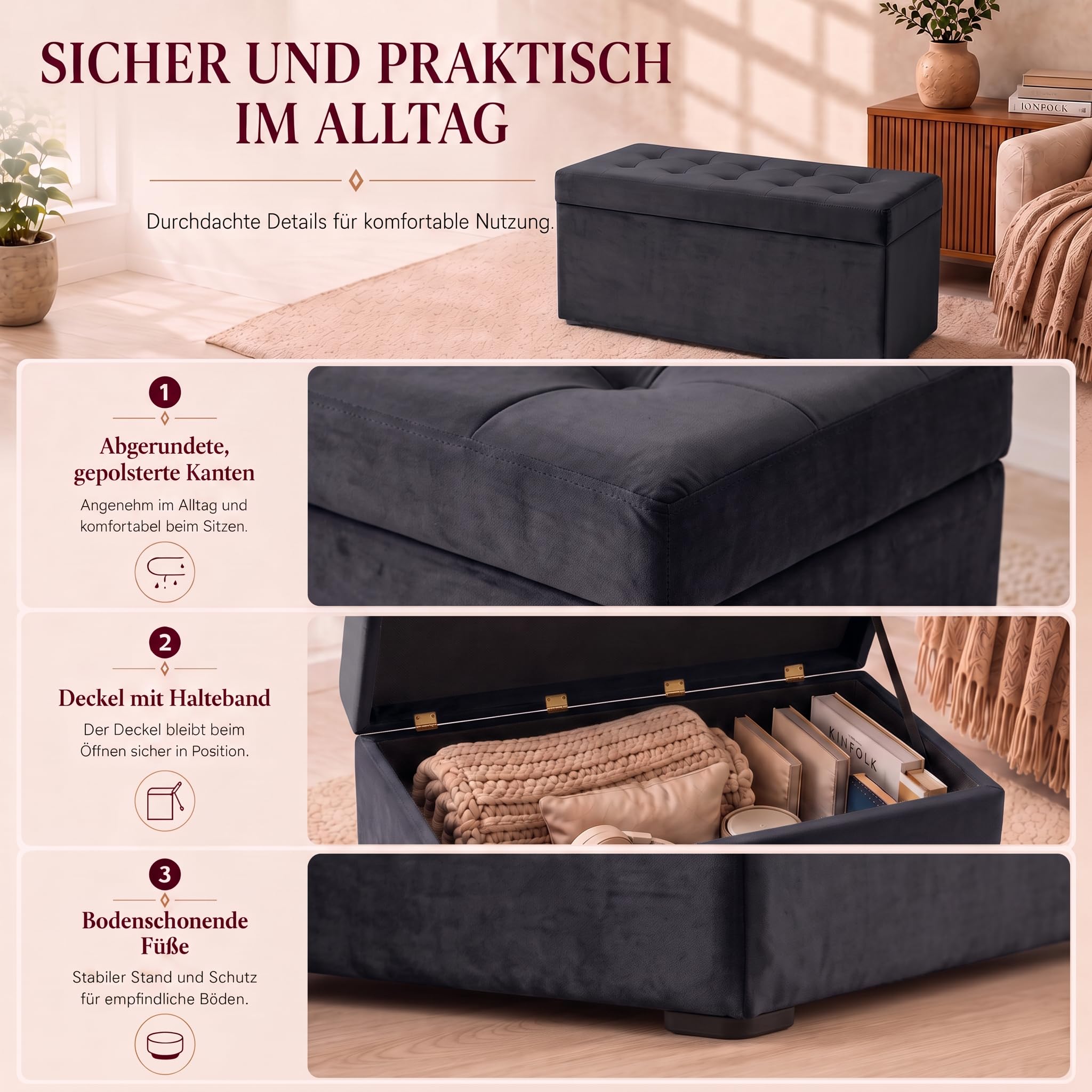 VELORA H&L Sitzbank mit Stauraum 45 x 90 cm Graphit – Samt Sitzbank mit Aufbewahrungsfach, belastbar bis 300 kg, gepolsterte Bank für Flur, Schlafzimmer und Wohnzimmer