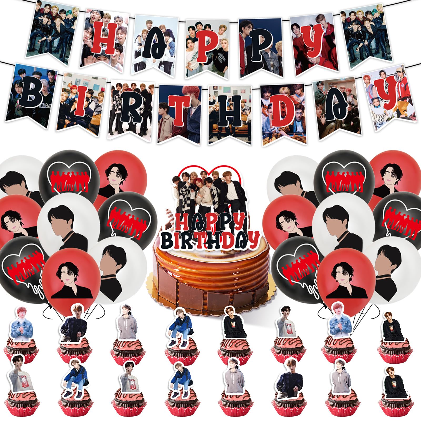 44 PCS Happy Birthday Decorations, Kids Korean Singer Balloons Kit with Banner Cake Topper, Korean Singer Latex Balloons, Theme Party Supplies for Boys Girls Birthday Theme Decoration